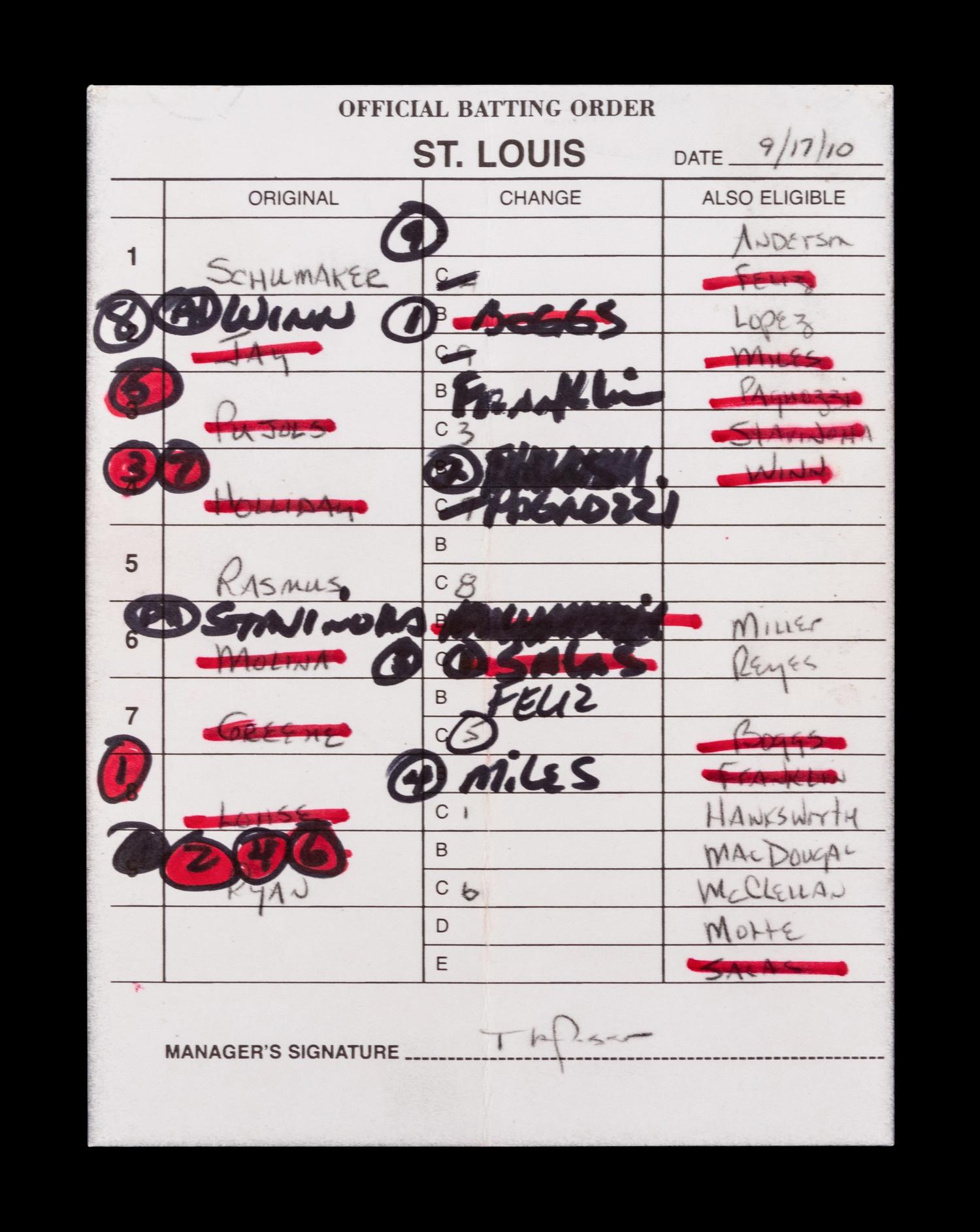 A Group of Five Hall of Fame Manager Signed Autograph Umpire Lineup Cards from The Collection of Baseball Hall of Famer Ted Simmons (including Tony LaRussa and Bobby Cox),