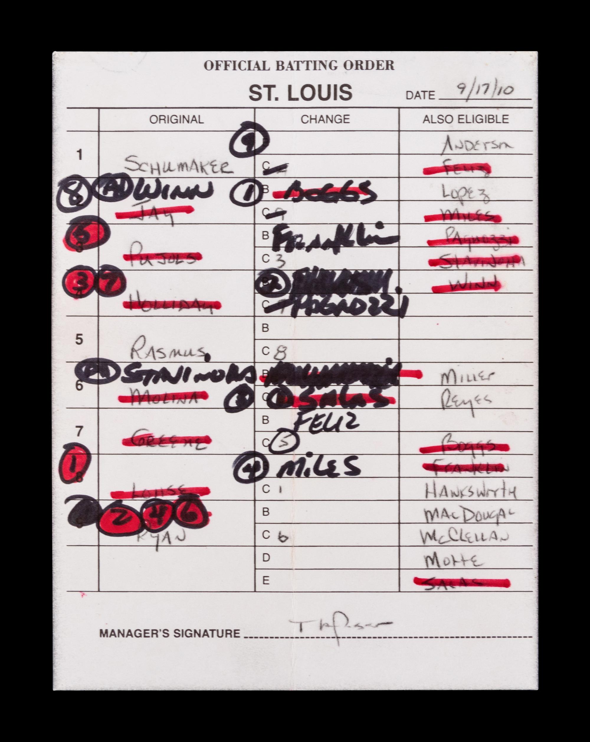 A Group of Five Hall of Fame Manager Signed Autograph Umpire Lineup Cards from The Collection of Baseball Hall of Famer Ted Simmons (including Tony LaRussa and Bobby Cox),
