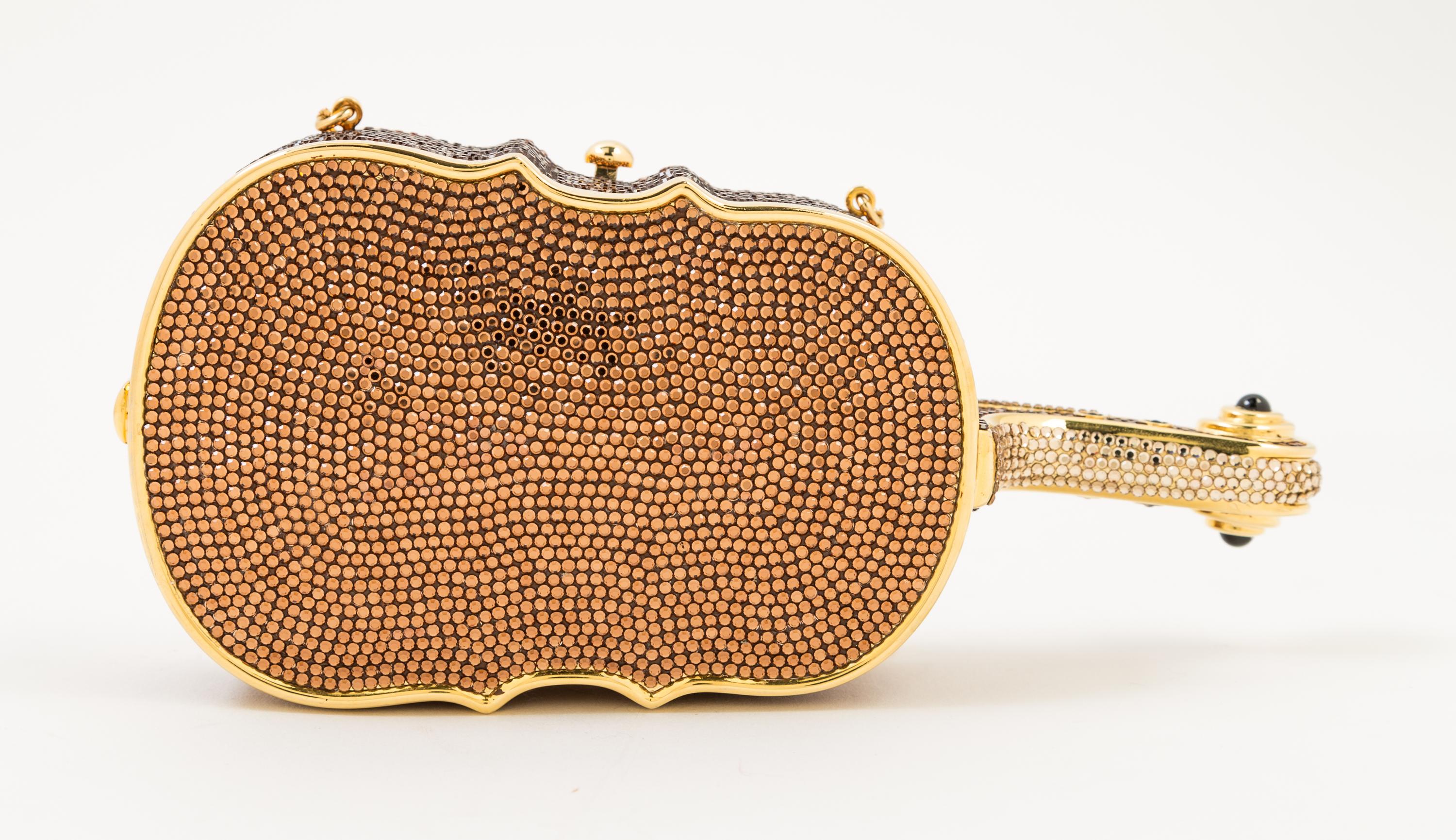 A Judith Leiber Crystal Cello Minaudiere, 3.5" x 7.5" x 1.5".