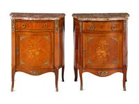 A Pair of Louis XV/XVI Transitional Style Parquetry and Marquetry Marble-Top Small Cabinets