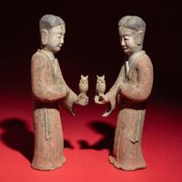 A Pair of Chinese Painted Grey Pottery Ladies with Owls, Han Dynasty — 漢 灰陶彩繪持鷹女俑一對