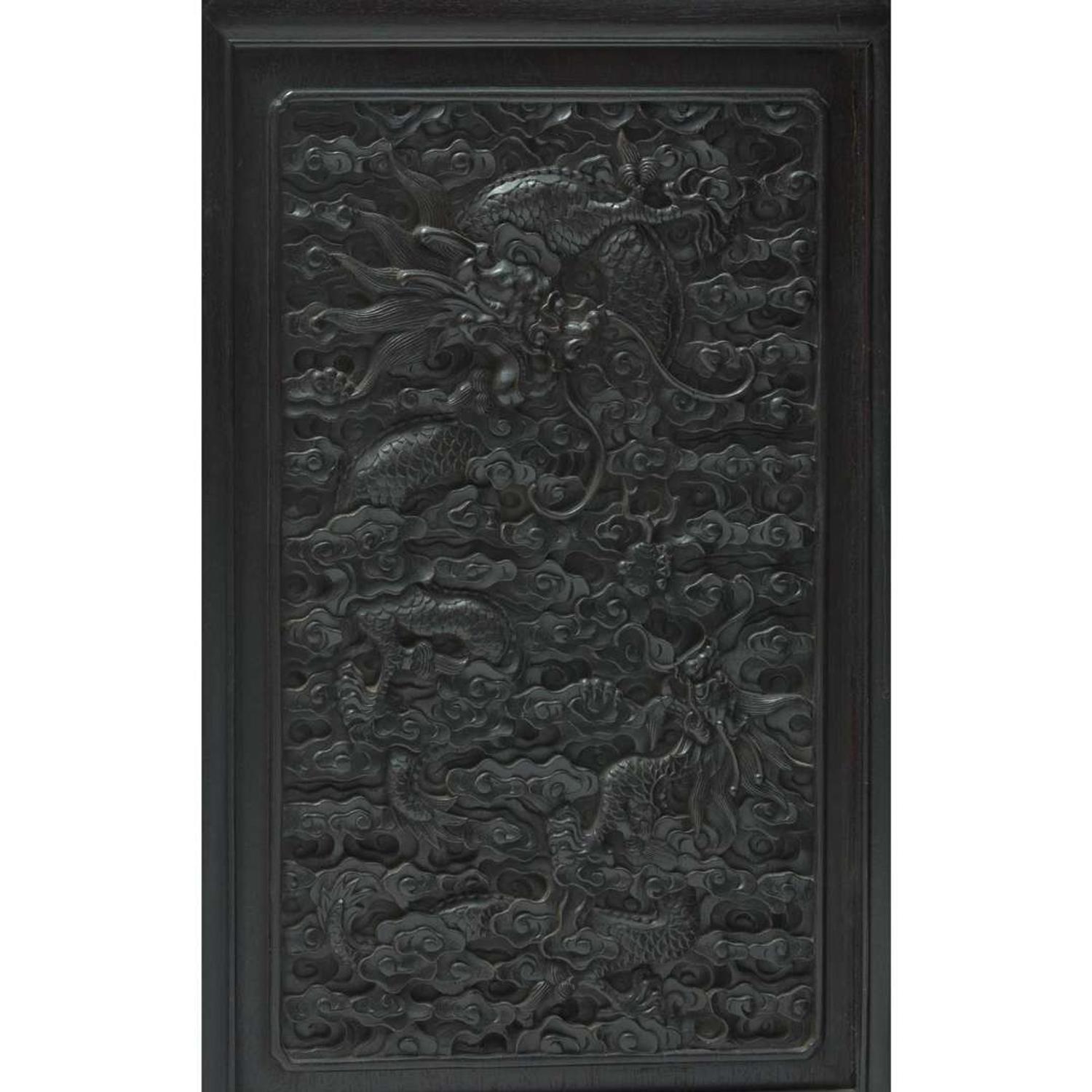 A Chinese carved hardwood six-panel “Dragons” screen 硬木浮雕龙纹六开屏风