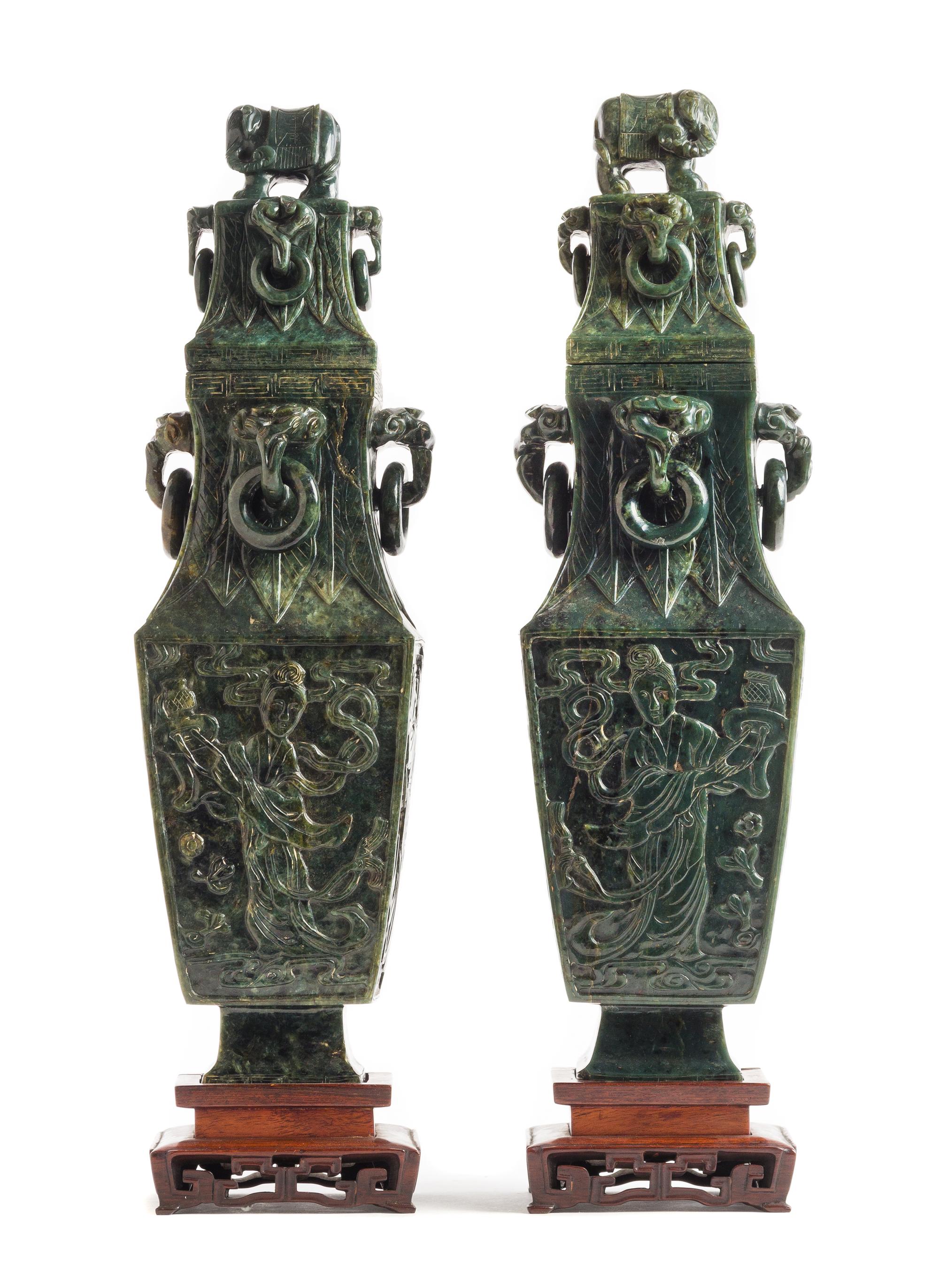 A Pair of Chinese Spinach Jade Covered Vases Height 18 inches.