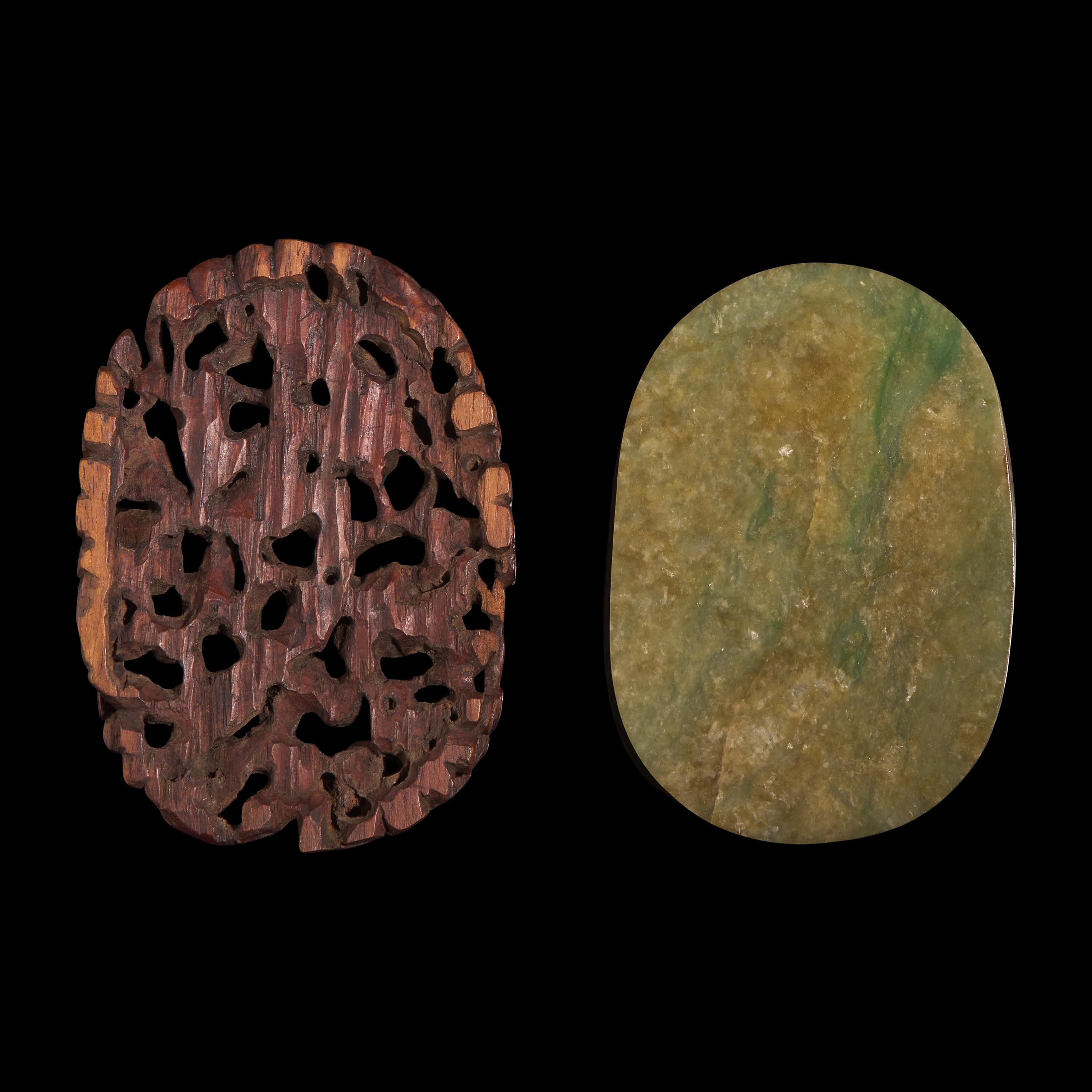 A Chinese Carved Jadeite "Pine and Spider" Brush Washer and Carved Wood Stand, Qing Dynasty — 清 翡翠鏤雕松紋洗