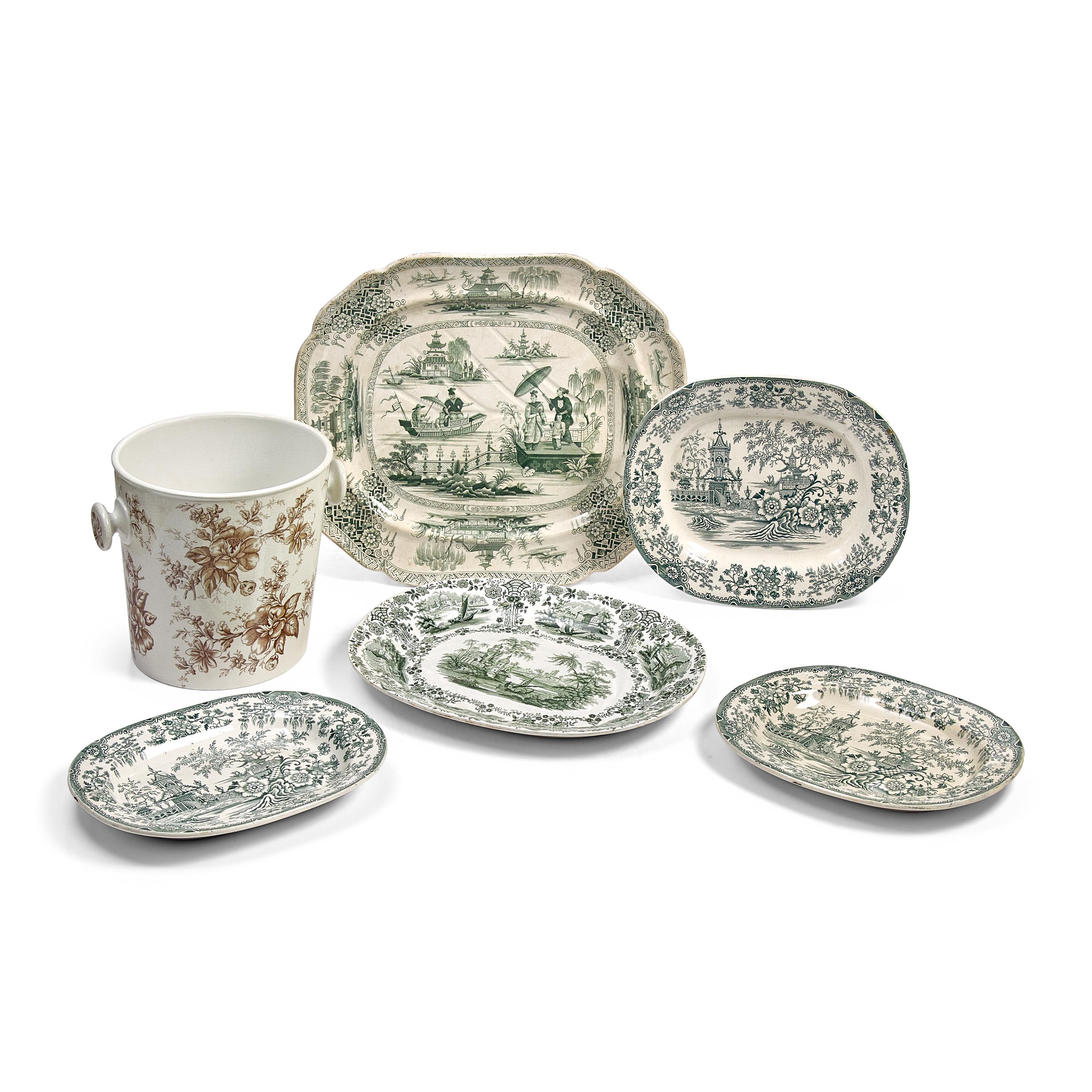 A Group of Six Staffordshire Green Transfer-Decorated Platters Together with Slop Pail