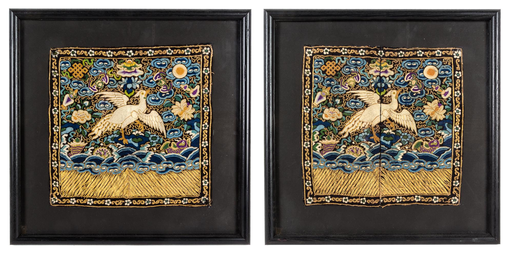 A Pair of Chinese Embroidered Silk Rank Badges of Silver Pheasants — 18TH/19TH CENTURY
