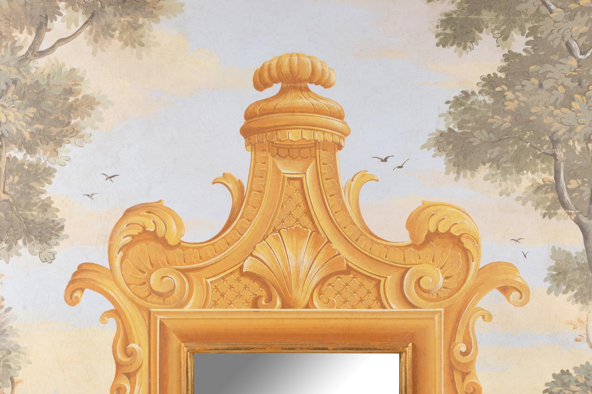 A Pair of Continental Painted Canvas and Parcel Gilt Pier Mirrors