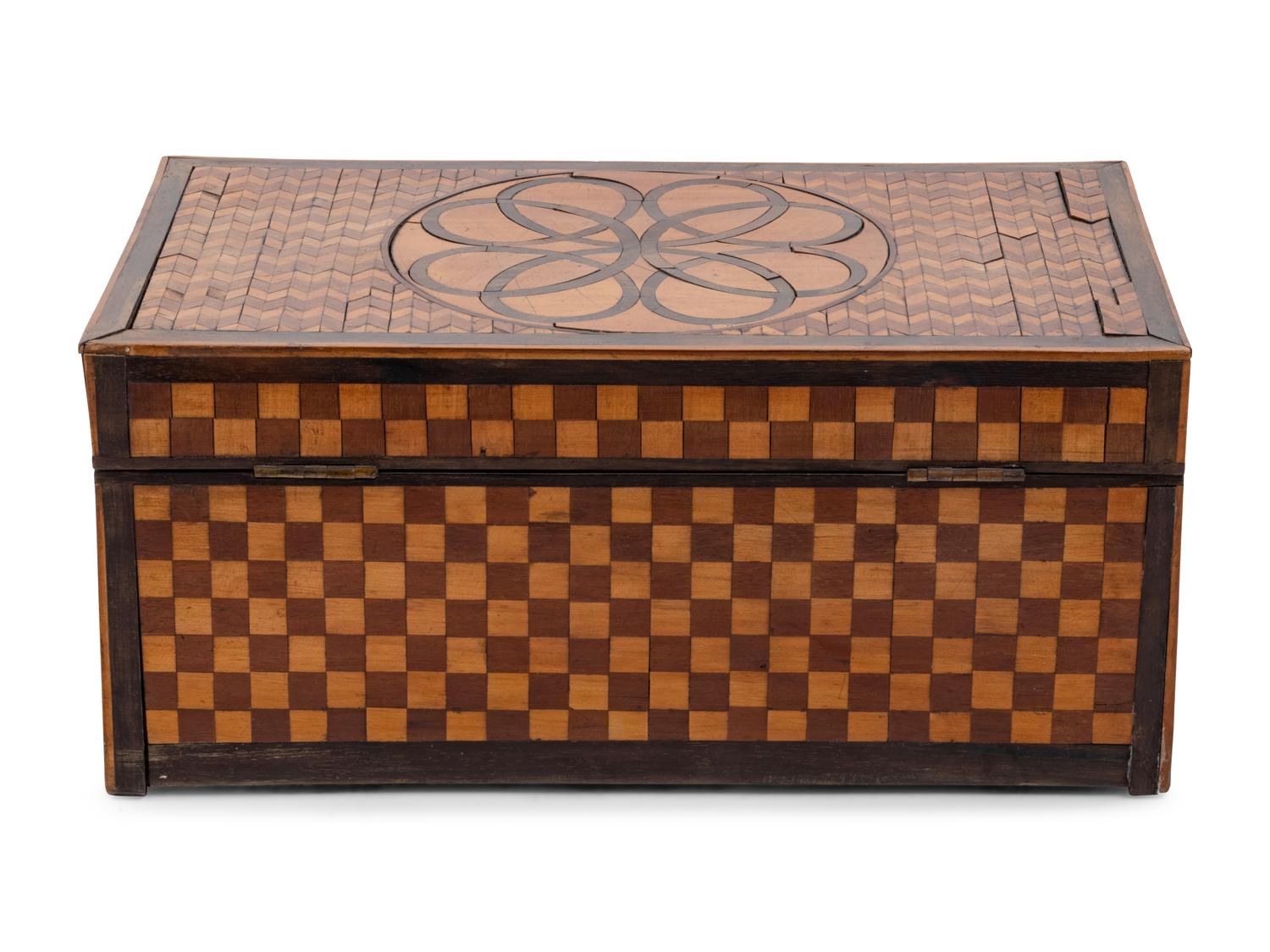 An English Satinwood, Mahogany and Marquetry Casket