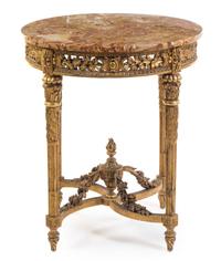A Louis XVI Style Giltwood Gueridon Height 32 3/4 x depth of top 28 1/2 inches.