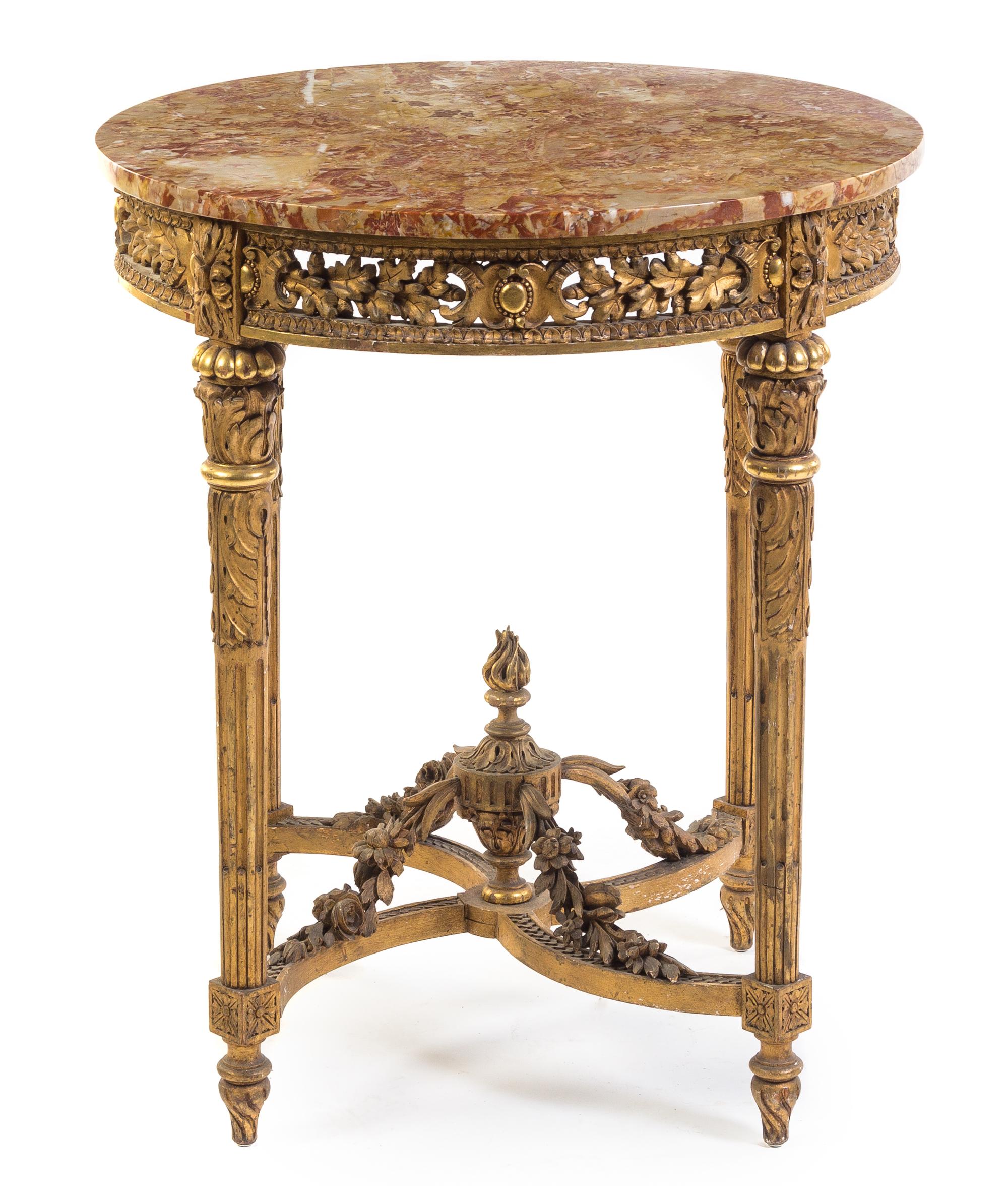 A Louis XVI Style Giltwood Gueridon Height 32 3/4 x depth of top 28 1/2 inches.