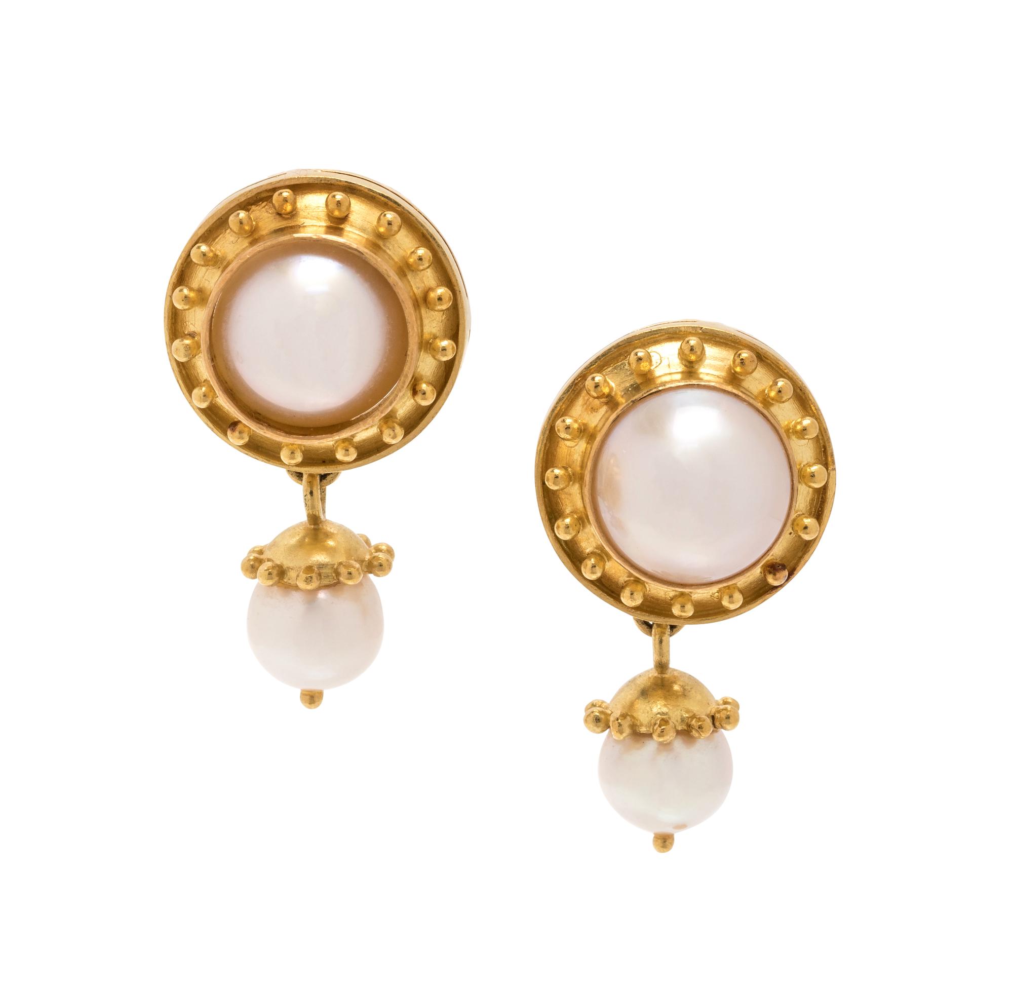 ELIZABETH LOCKE, YELLOW GOLD AND CULTURED PEARL CONVERTIBLE EARCLIPS