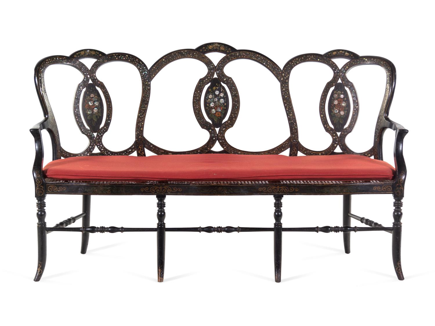A French Painted and Mother-of-Pearl Inlaid Black Painted Hall Bench
