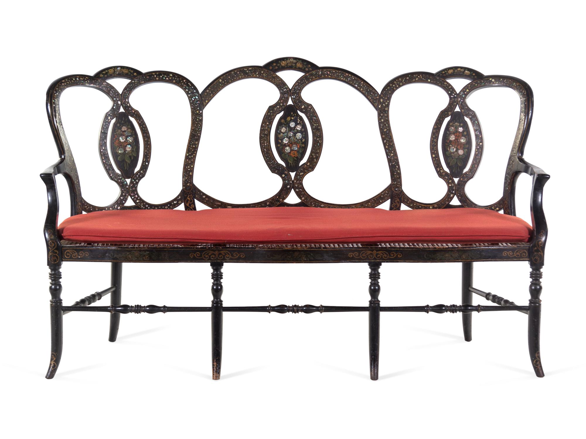 A French Painted and Mother-of-Pearl Inlaid Black Painted Hall Bench