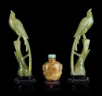 A Chinese Carved Yellow Hardstone Snuff Bottle and A Pair of Chinese Carved Hardstone Figures of Birds