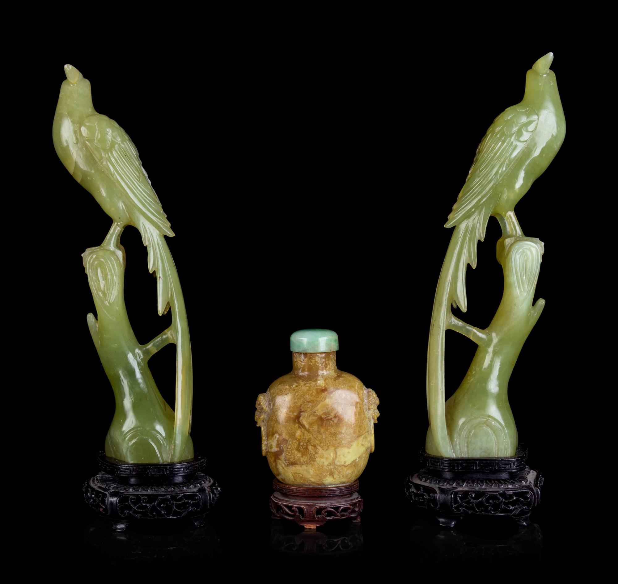 A Chinese Carved Yellow Hardstone Snuff Bottle and A Pair of Chinese Carved Hardstone Figures of Birds