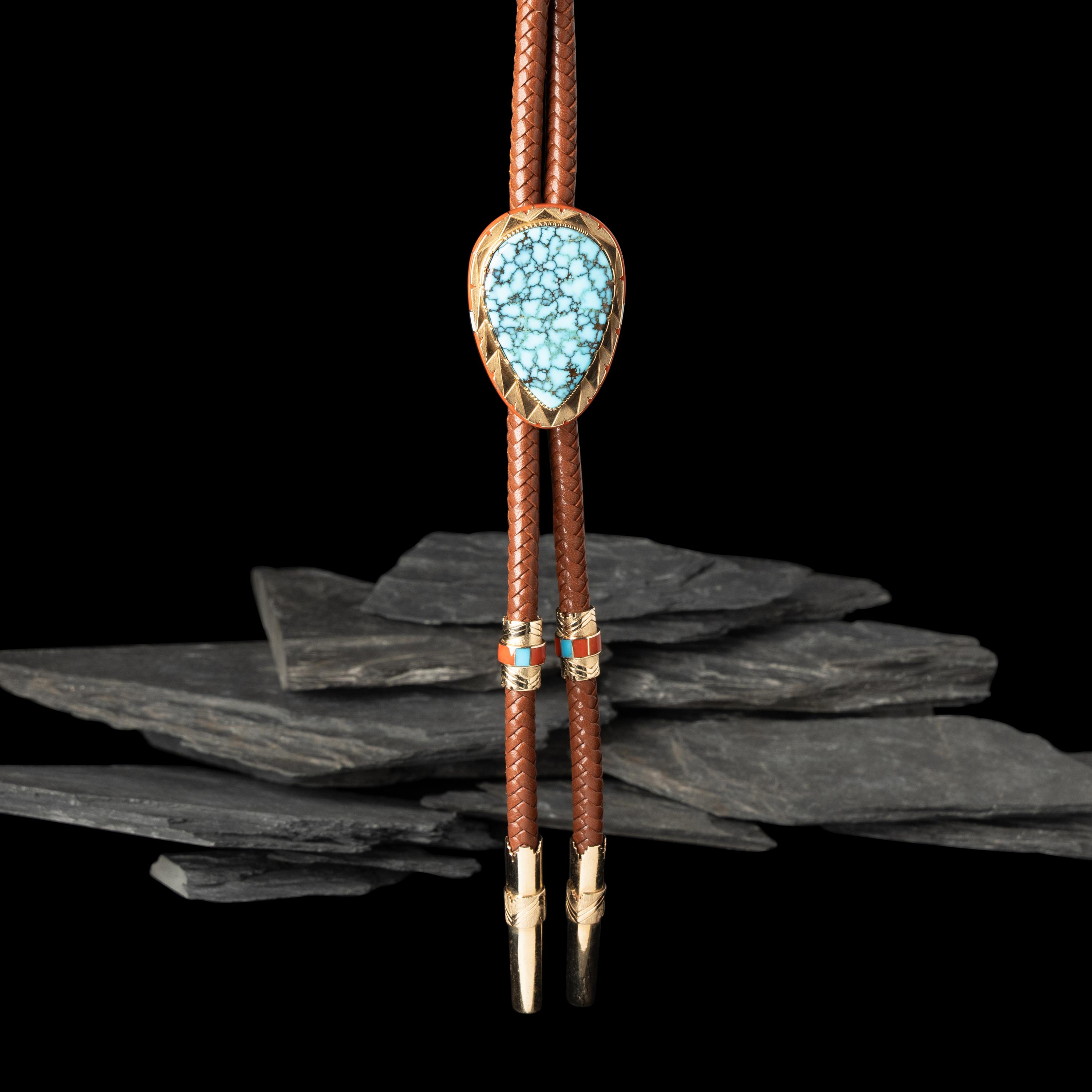 Leo Lando Yazzie (Diné, act. since 1970s) — 14k Gold, Nevada Blue Turquoise, Coral, and Opal Bolo Tie
