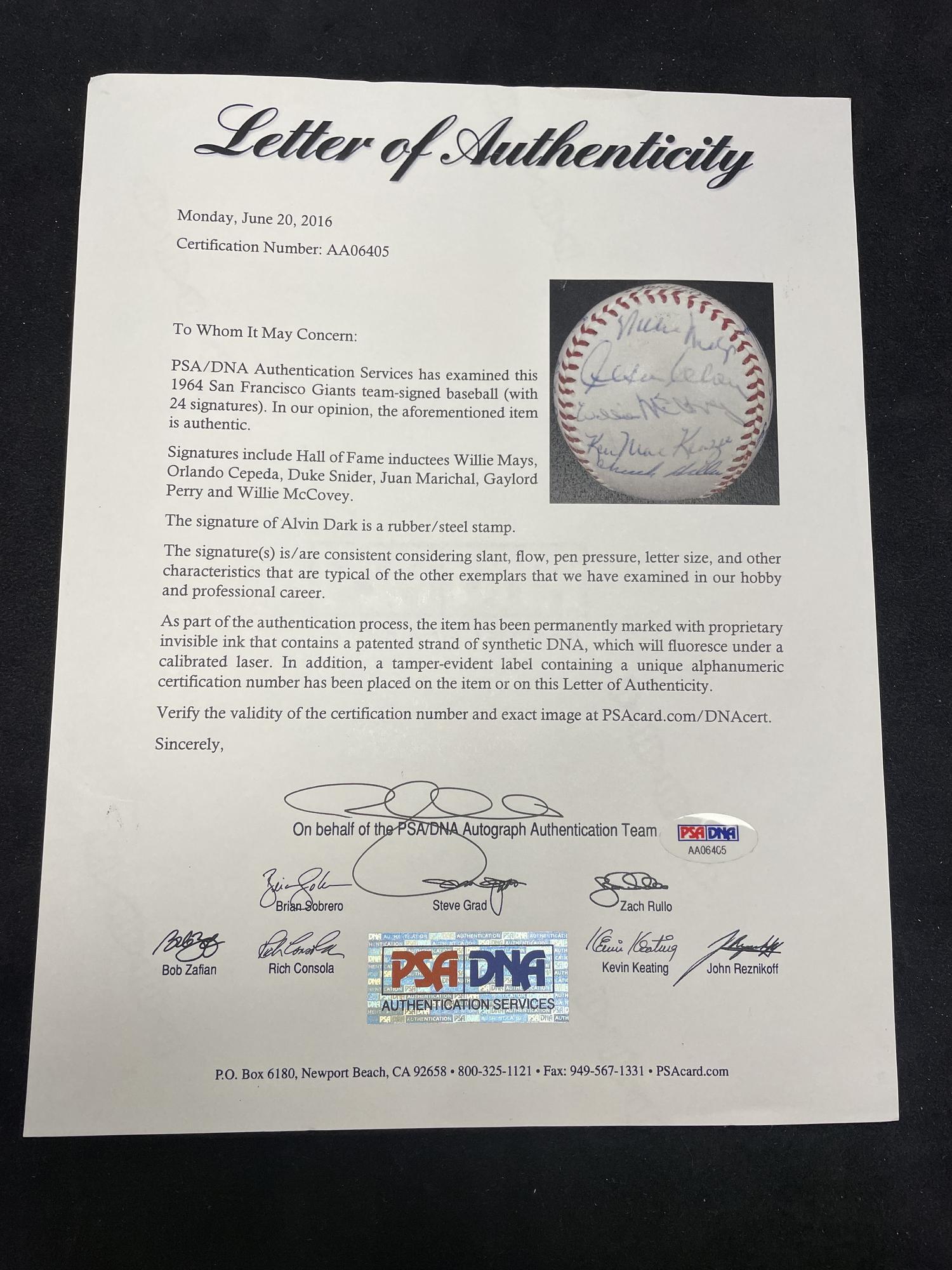 A 1964 San Francisco Giants Team Signed Autograph Baseball Featuring Willie Mays and Multiple Hall of Famers (PSA Letter of Authenticity),