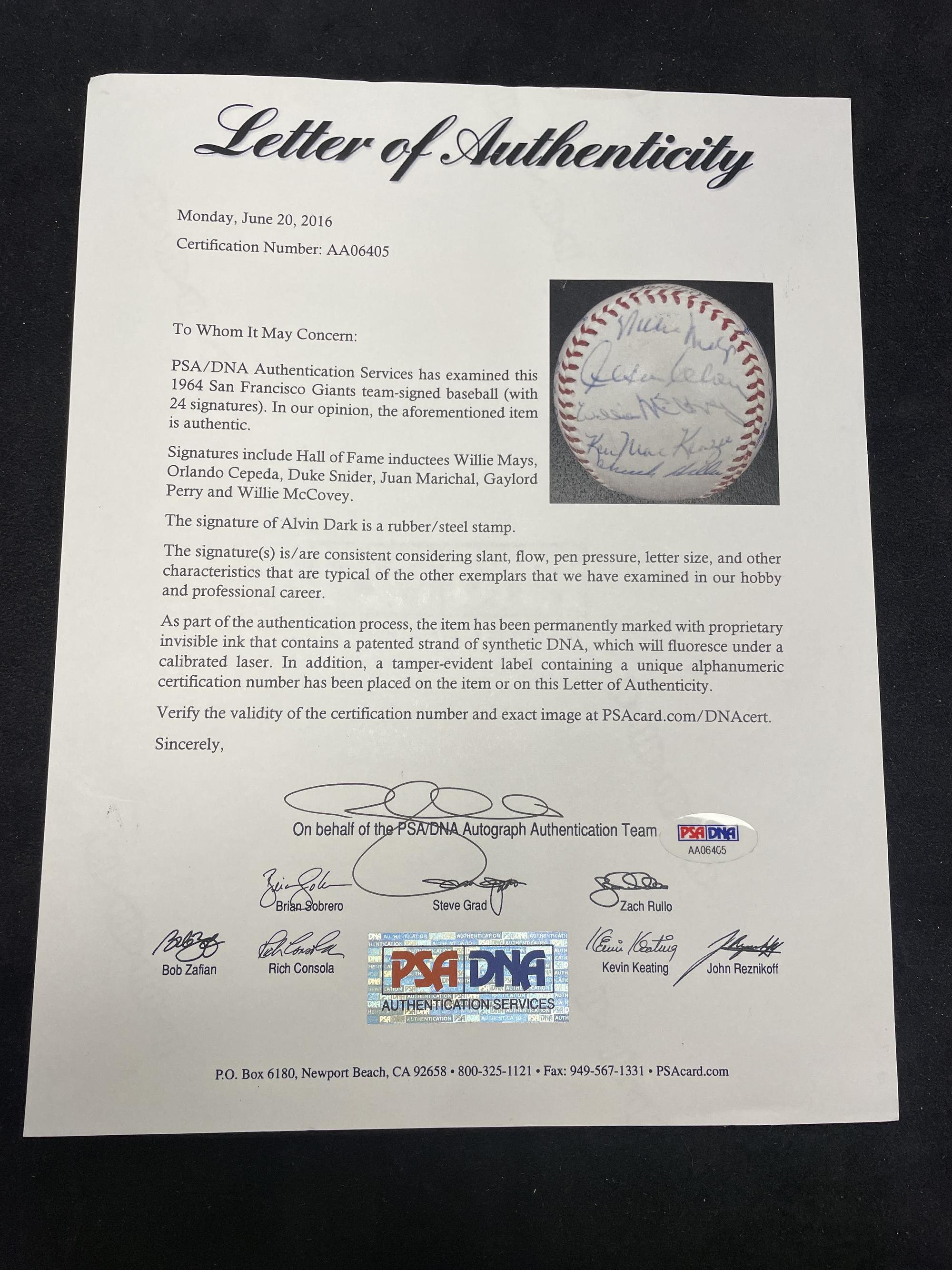 A 1964 San Francisco Giants Team Signed Autograph Baseball Featuring Willie Mays and Multiple Hall of Famers (PSA Letter of Authenticity),