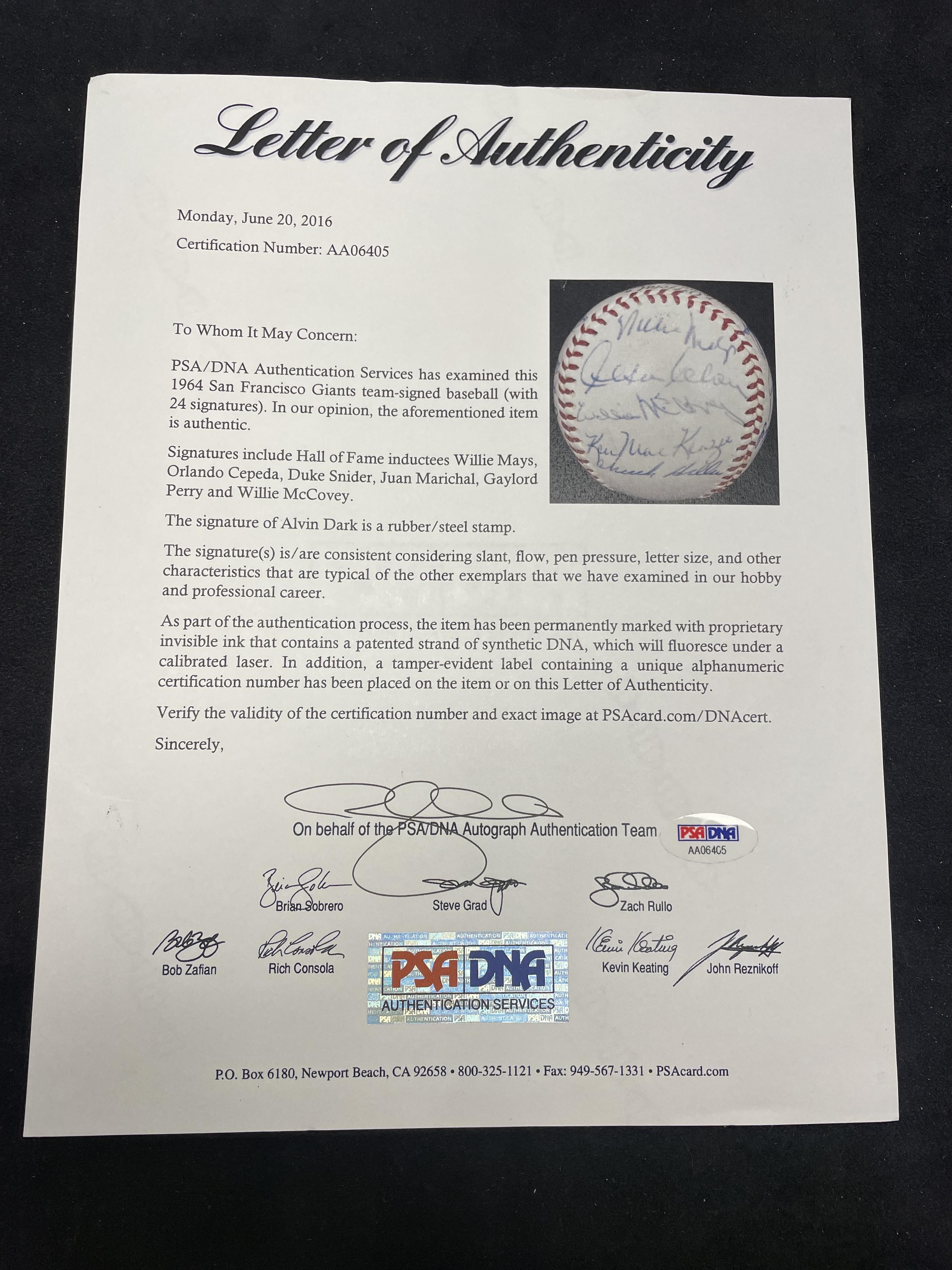 A 1964 San Francisco Giants Team Signed Autograph Baseball Featuring Willie Mays and Multiple Hall of Famers (PSA Letter of Authenticity),