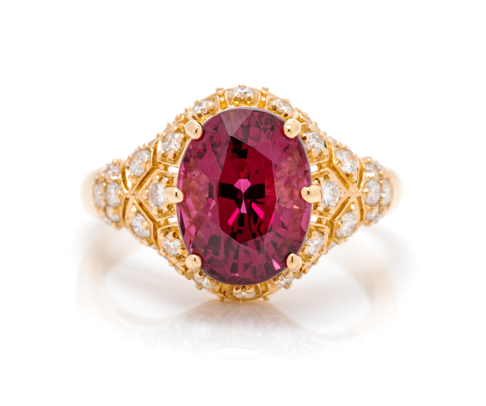 An 18 Karat Yellow Gold, Garnet and Diamond Ring, 4.30 dwts.