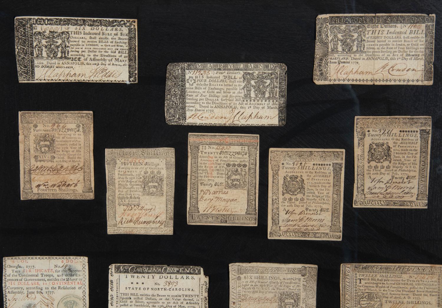 A Collection of Framed American Colonial Paper Money