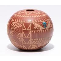 Award-Winning Sgraffito Redware Seed Jar, with Turquoise Cabochon
