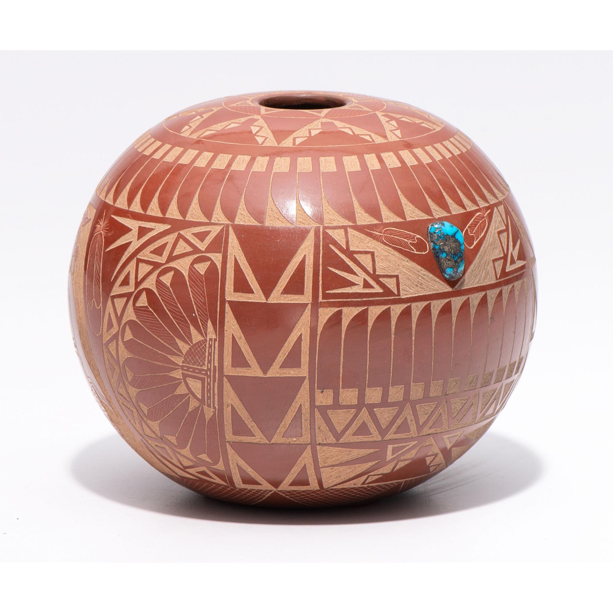 Award-Winning Sgraffito Redware Seed Jar, with Turquoise Cabochon