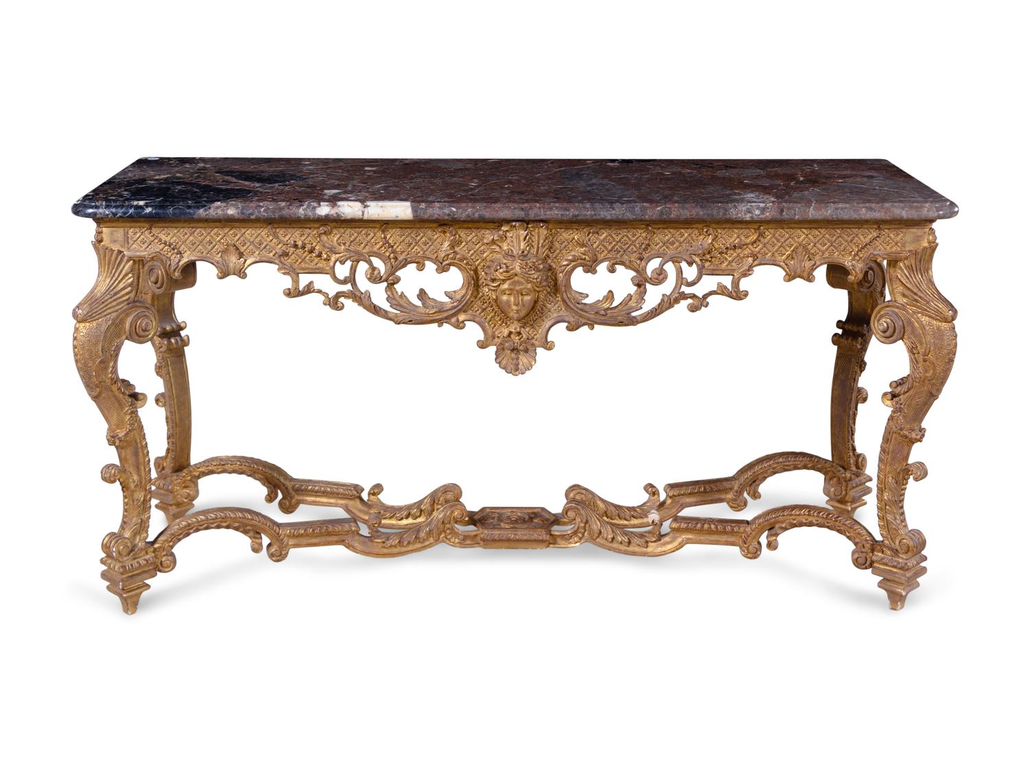 A Pair of Louis XV Style Giltwood Marble-Top Console Tables