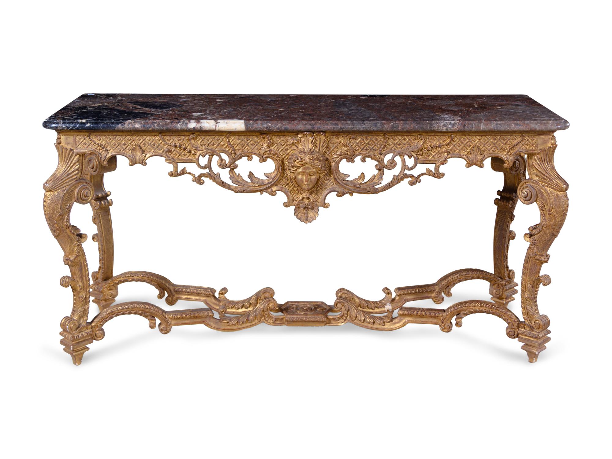 A Pair of Louis XV Style Giltwood Marble-Top Console Tables