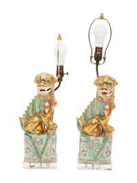 A Pair of Chinese Porcelain Foo Dog Table Lamps