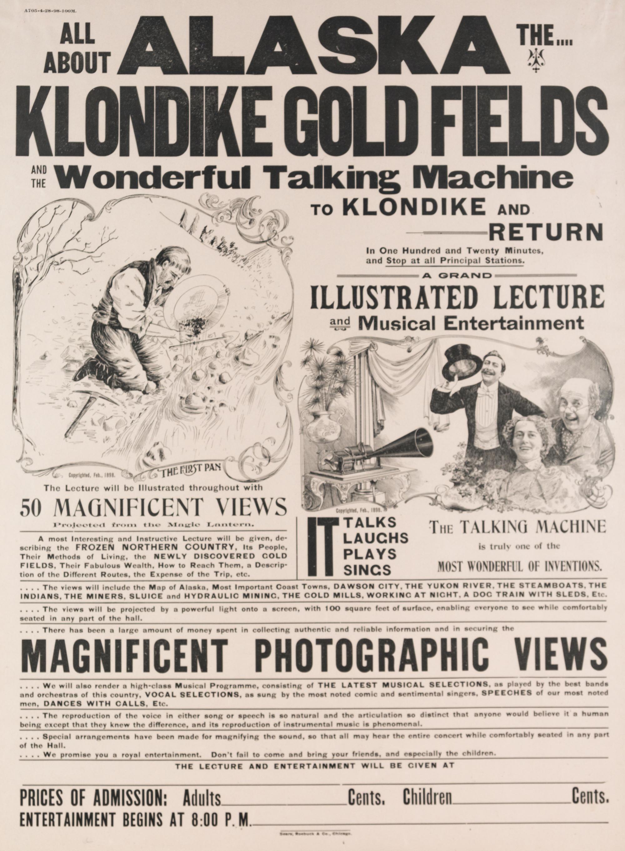 (ALASKA) BROADSIDE. Advertising a lecture on the Alaskan gold fields. Chicago, [1898] Framed.
