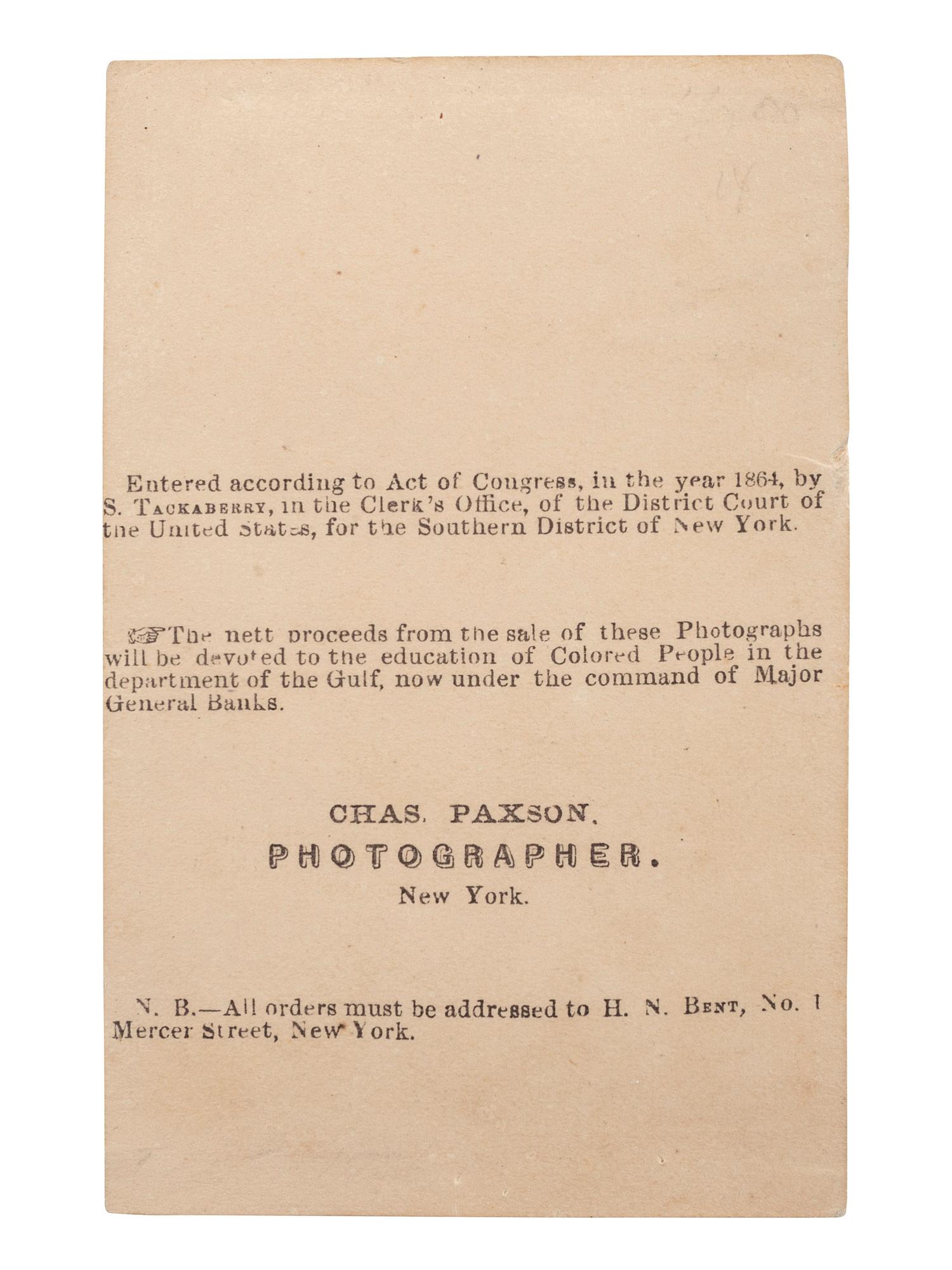 [SLAVERY & ABOLITION]. PAXSON, Charles, photographer. A Slave Girl. New York: S. Tackaberry, 1864.