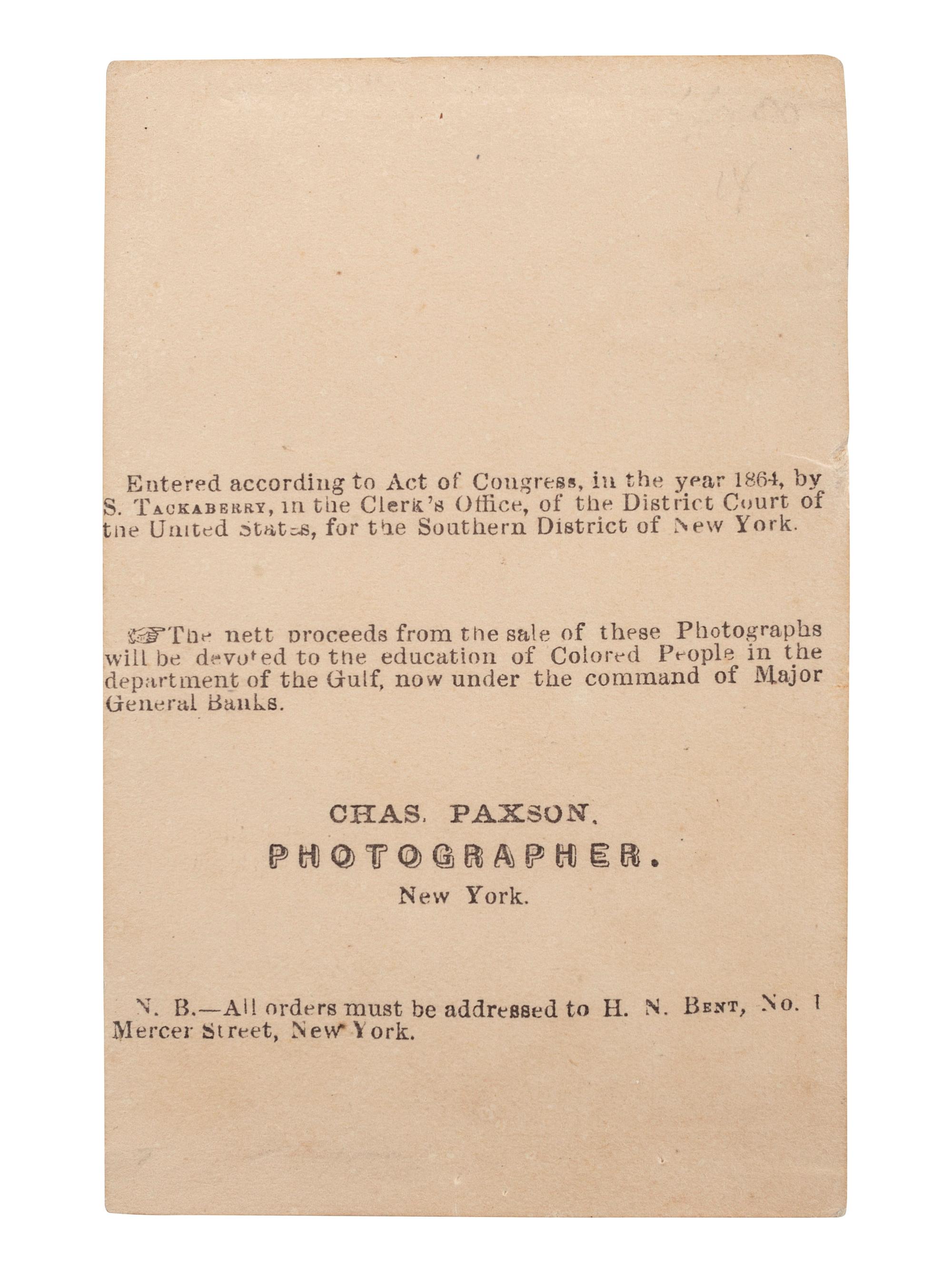 [SLAVERY & ABOLITION]. PAXSON, Charles, photographer. A Slave Girl. New York: S. Tackaberry, 1864.