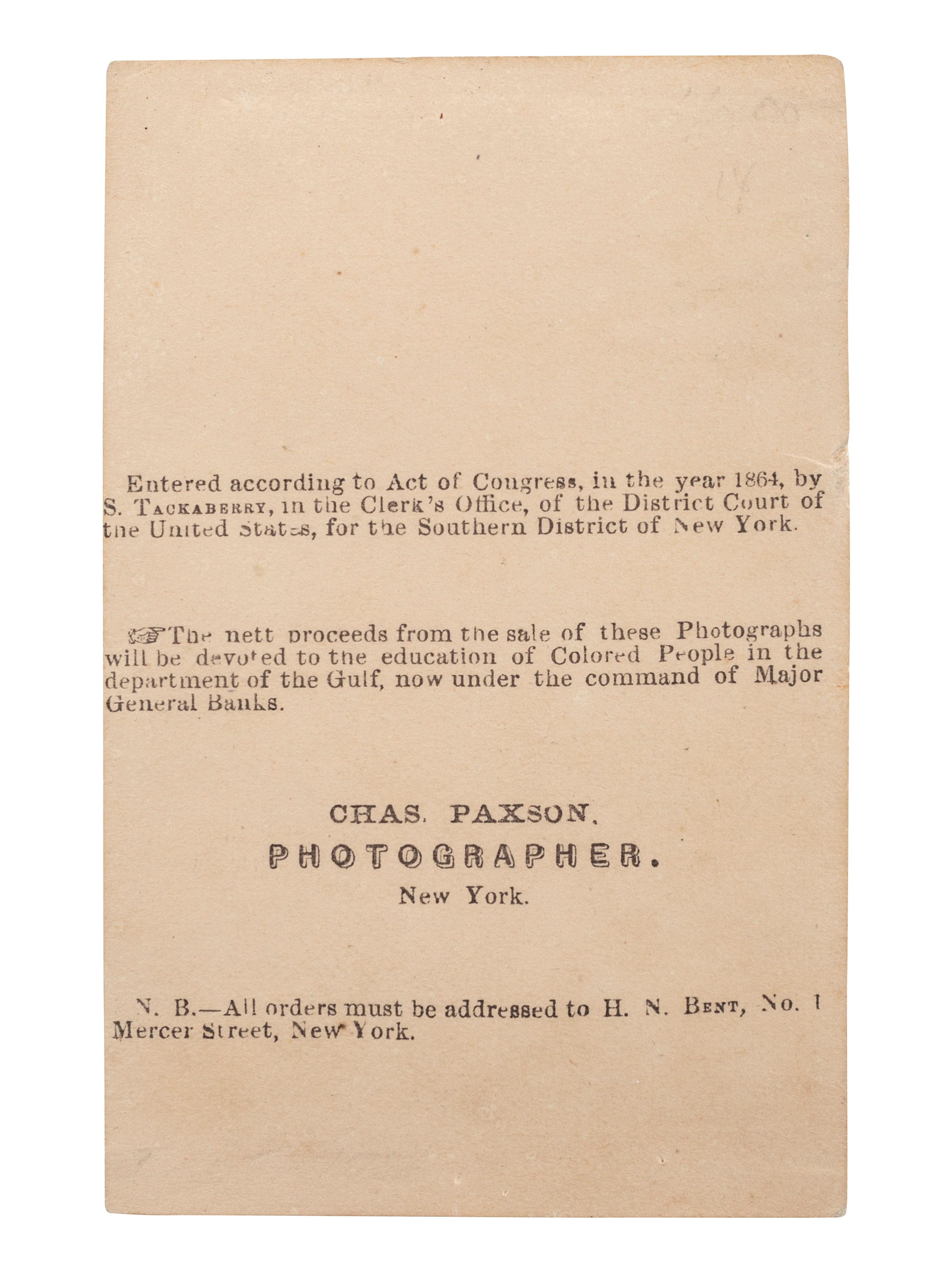 [SLAVERY & ABOLITION]. PAXSON, Charles, photographer. A Slave Girl. New York: S. Tackaberry, 1864.
