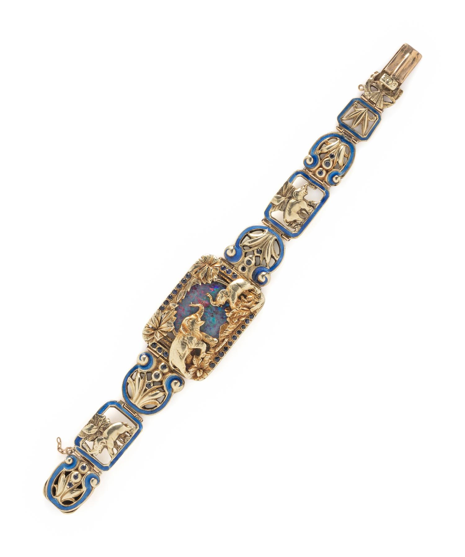 BLACK OPAL DOUBLET, SAPPHIRE, AND ENAMEL BRACELET