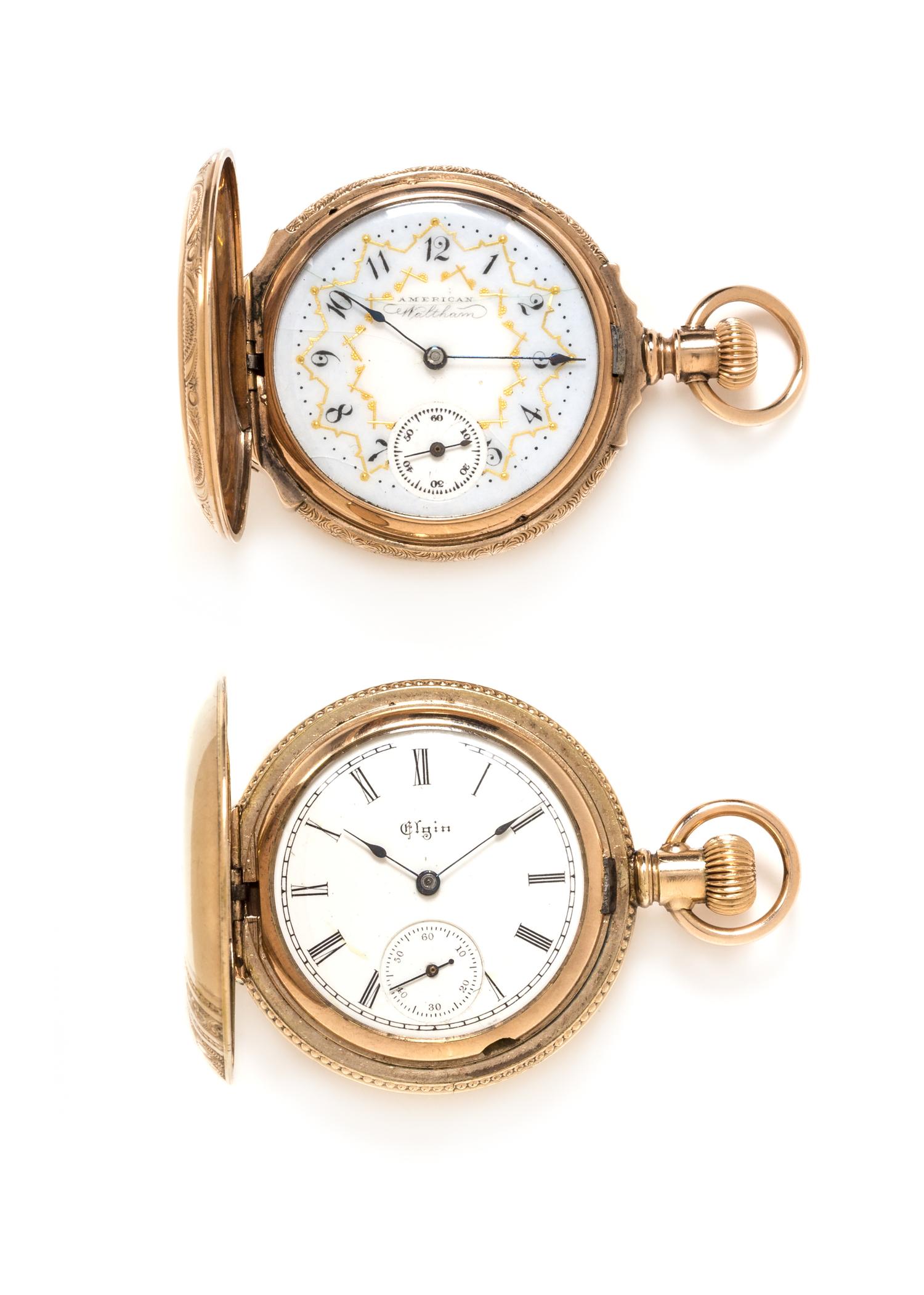 A Collection of Gold Filled Hunter Case Pocket Watches, Elgin and American Waltham, Circa 1898 and 1889, 52.50 dwts.