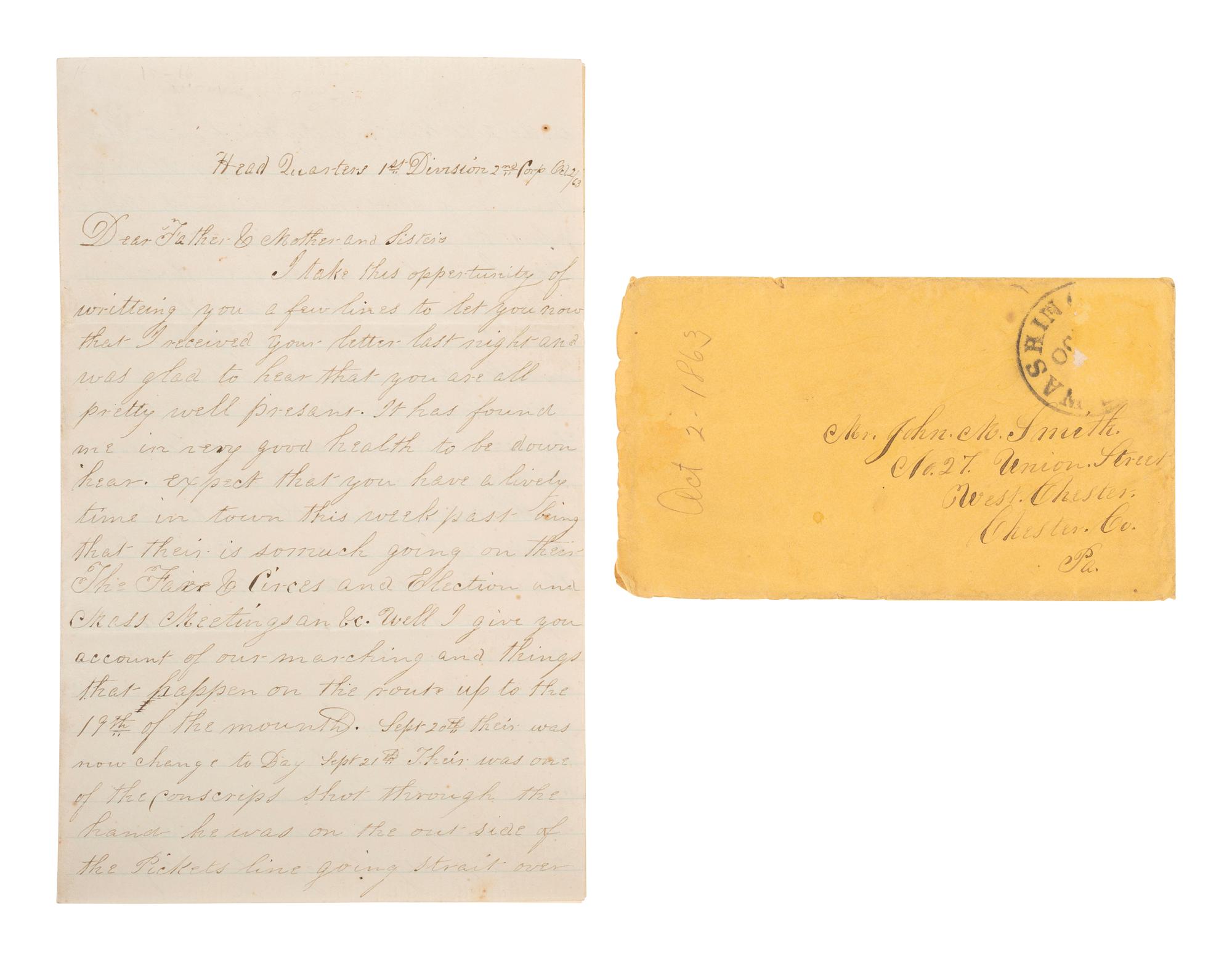 [CIVIL WAR]. Soldier's letter detailing the execution of an identified deserter by firing squad. "Head Quarters 1st Division 2nd Corp," 2 October 1863.