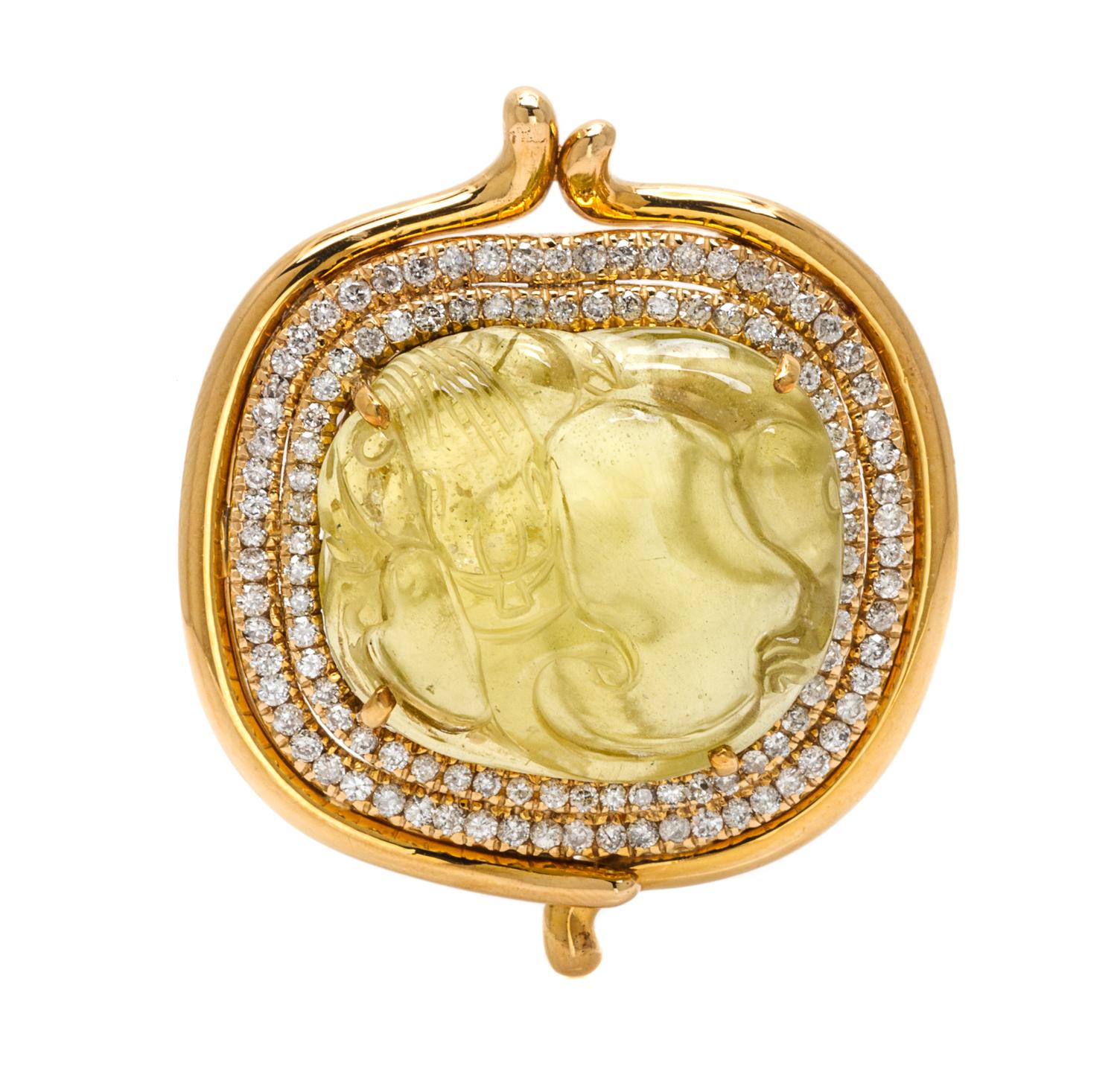 A 14 Karat Yellow Gold, Yellow Beryl and Diamond Brooch/Pendant, 25.20 dwts.