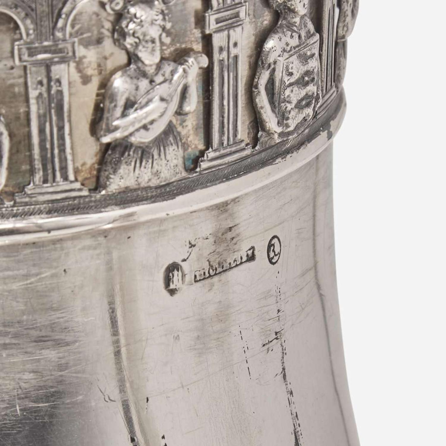 A Danish silver covered drinking horn on stand The horn by Anton Michelsen (1809-1877), the stand marked "AD," Copenhagen, Denmark, bearing date mark for 1855
