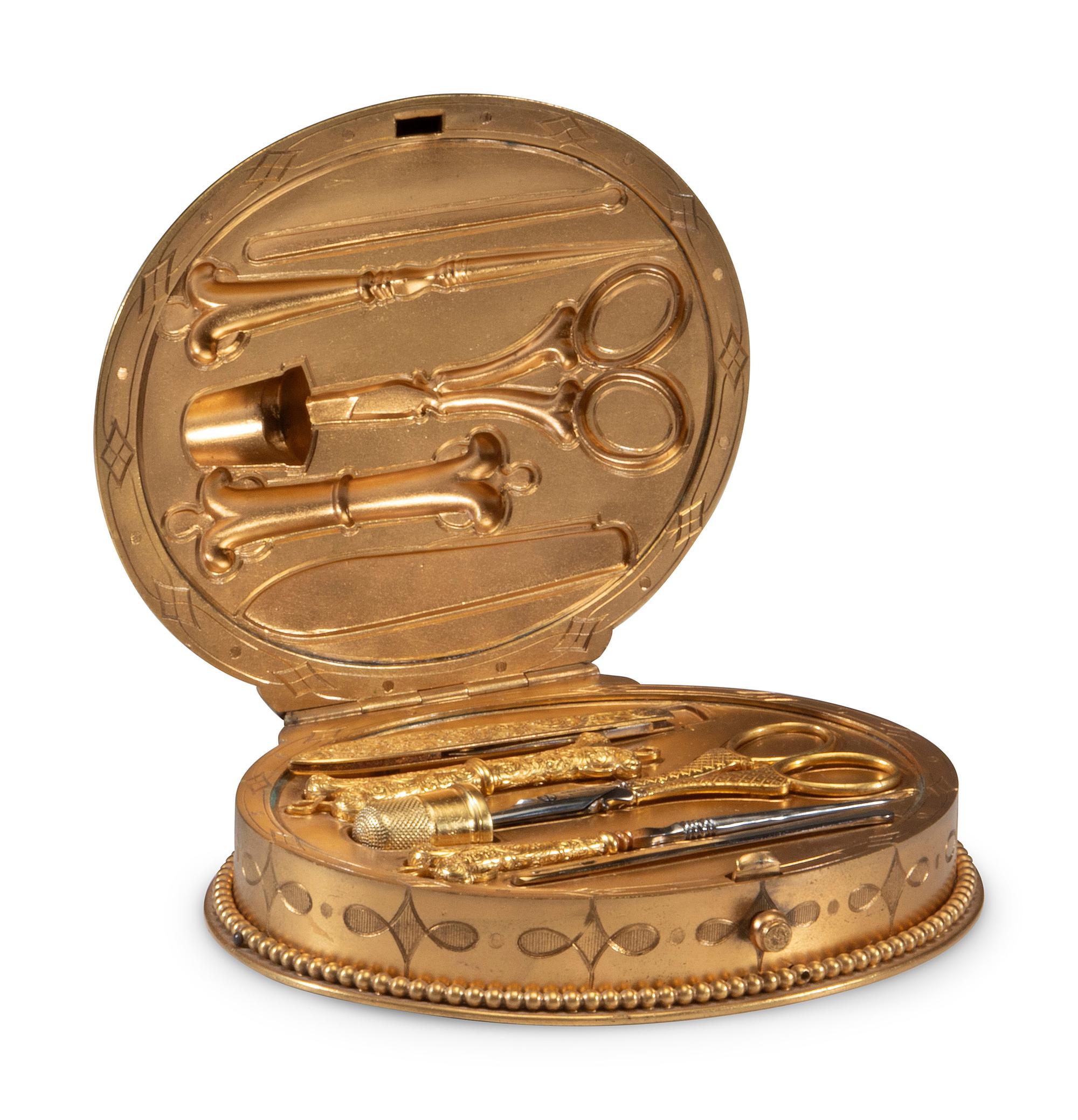 A Sèvres Style Porcelain Inset Gilt Metal Sewing Kit