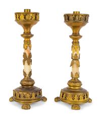 A Pair of French Gilt Bronze Mounted Onyx Candle Holders — 19TH CENTURY