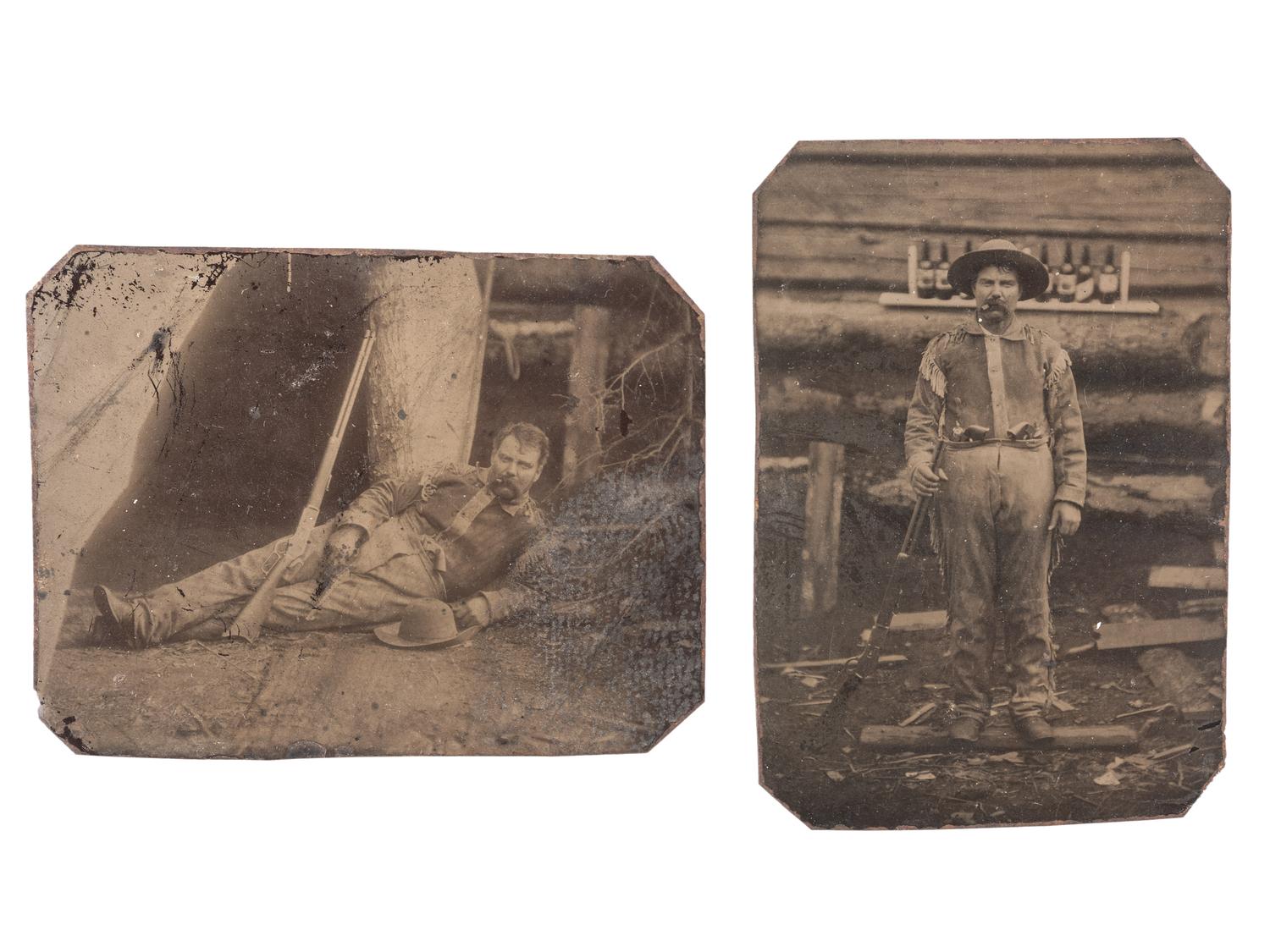 [WESTERN AMERICANA]. A group of 2 tintypes of a portly man posed with his rifle.