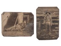 [WESTERN AMERICANA]. A group of 2 tintypes of a portly man posed with his rifle.