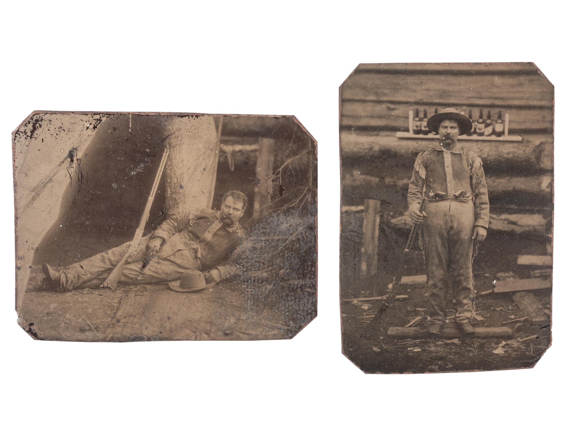 [WESTERN AMERICANA]. A group of 2 tintypes of a portly man posed with his rifle.