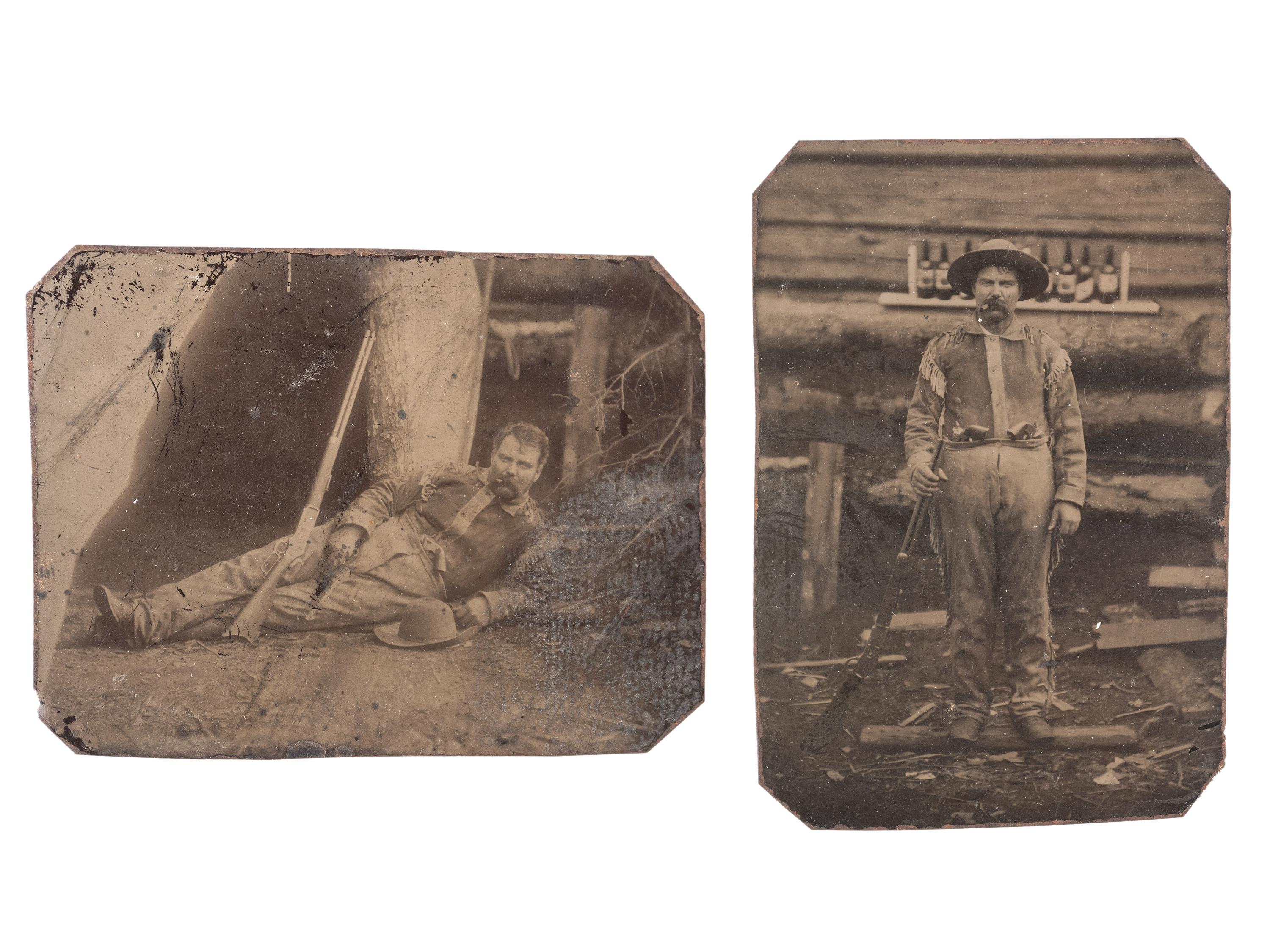 [WESTERN AMERICANA]. A group of 2 tintypes of a portly man posed with his rifle.