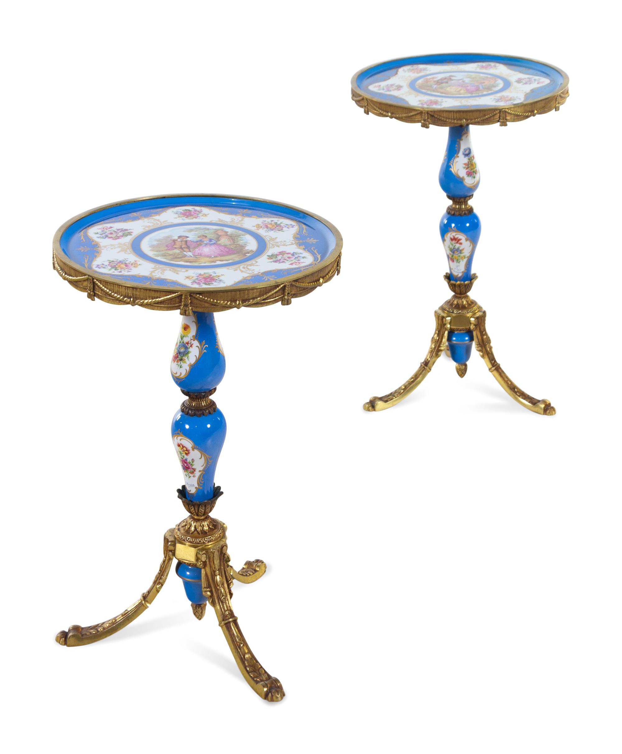 A Pair of Sèvres Style Porcelain Mounted Gilt Metal Guéridons