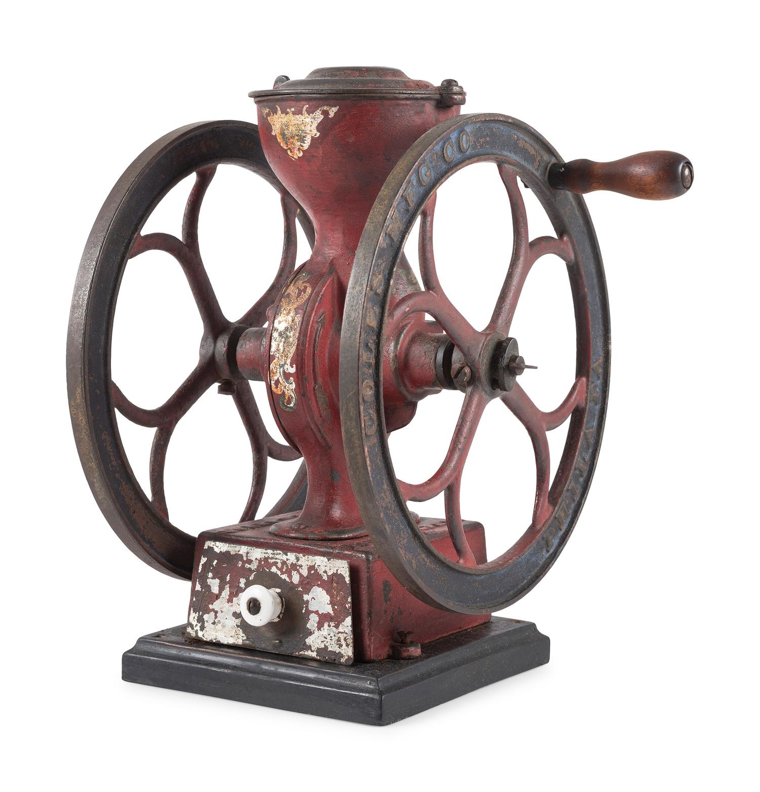 A Coles Manufacturing Cast Iron Double-Wheeled Coffee Grinder