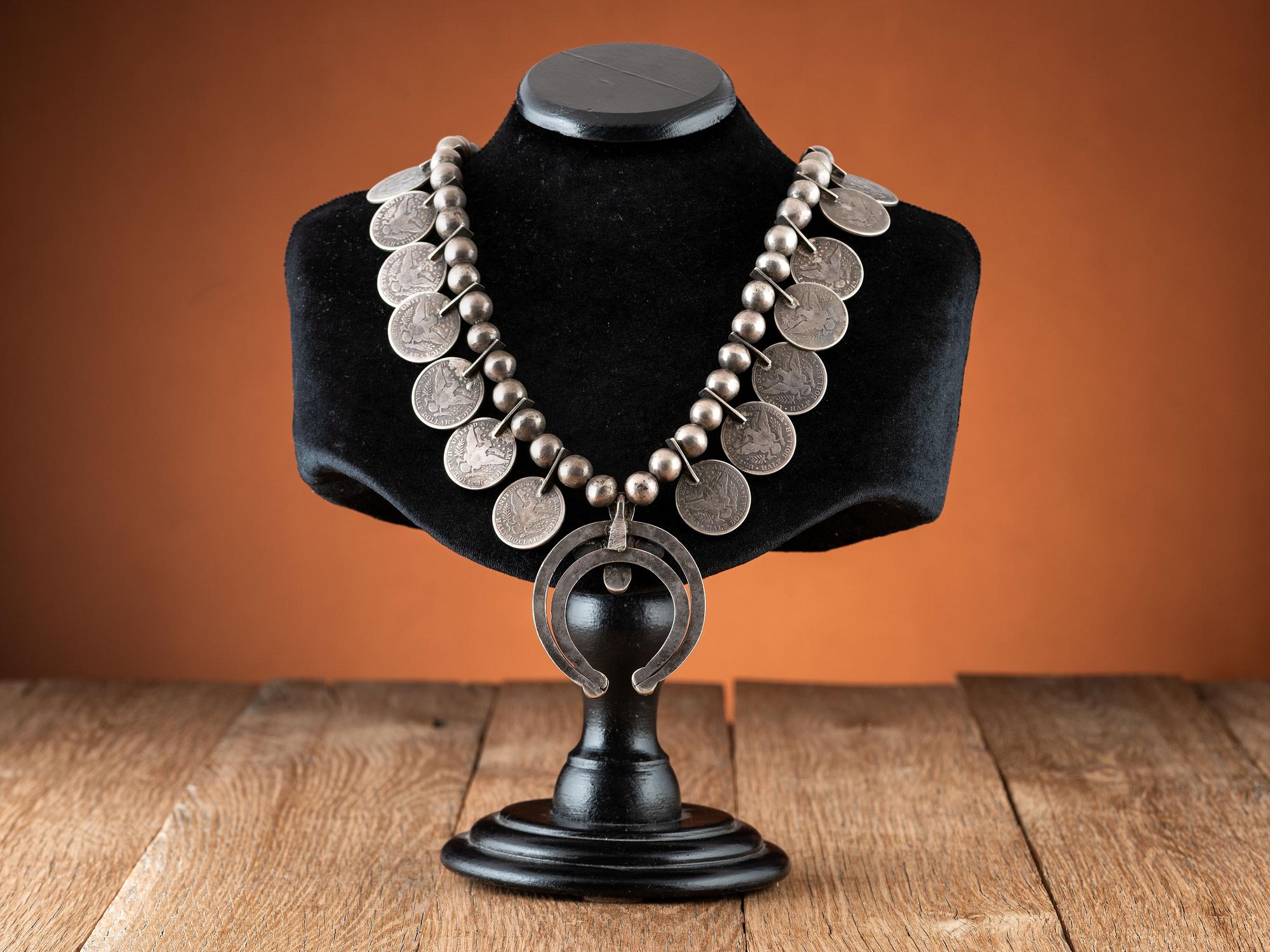 Navajo Silver and Turquoise Squash Blossom Necklace