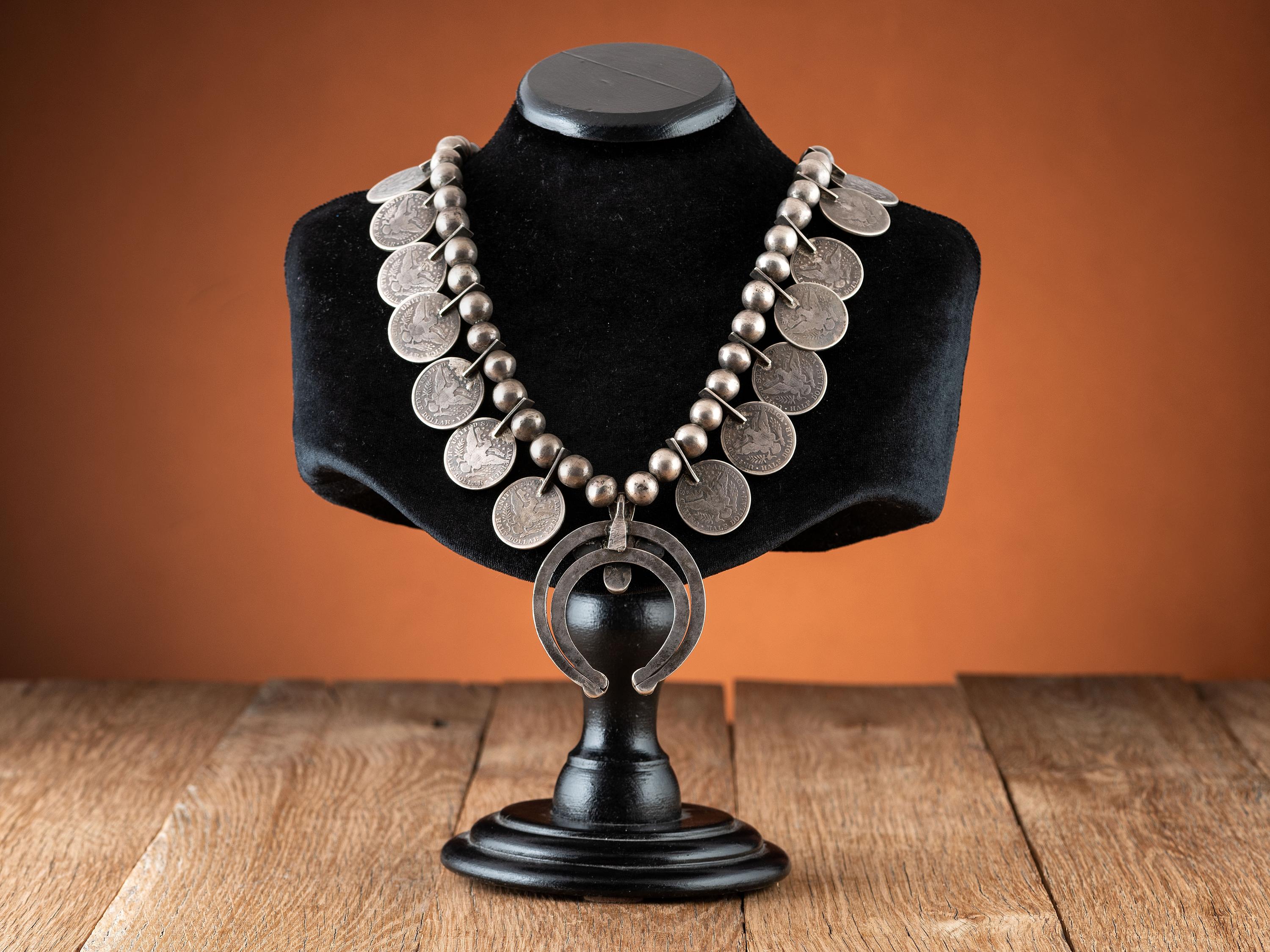 Navajo Silver and Turquoise Squash Blossom Necklace