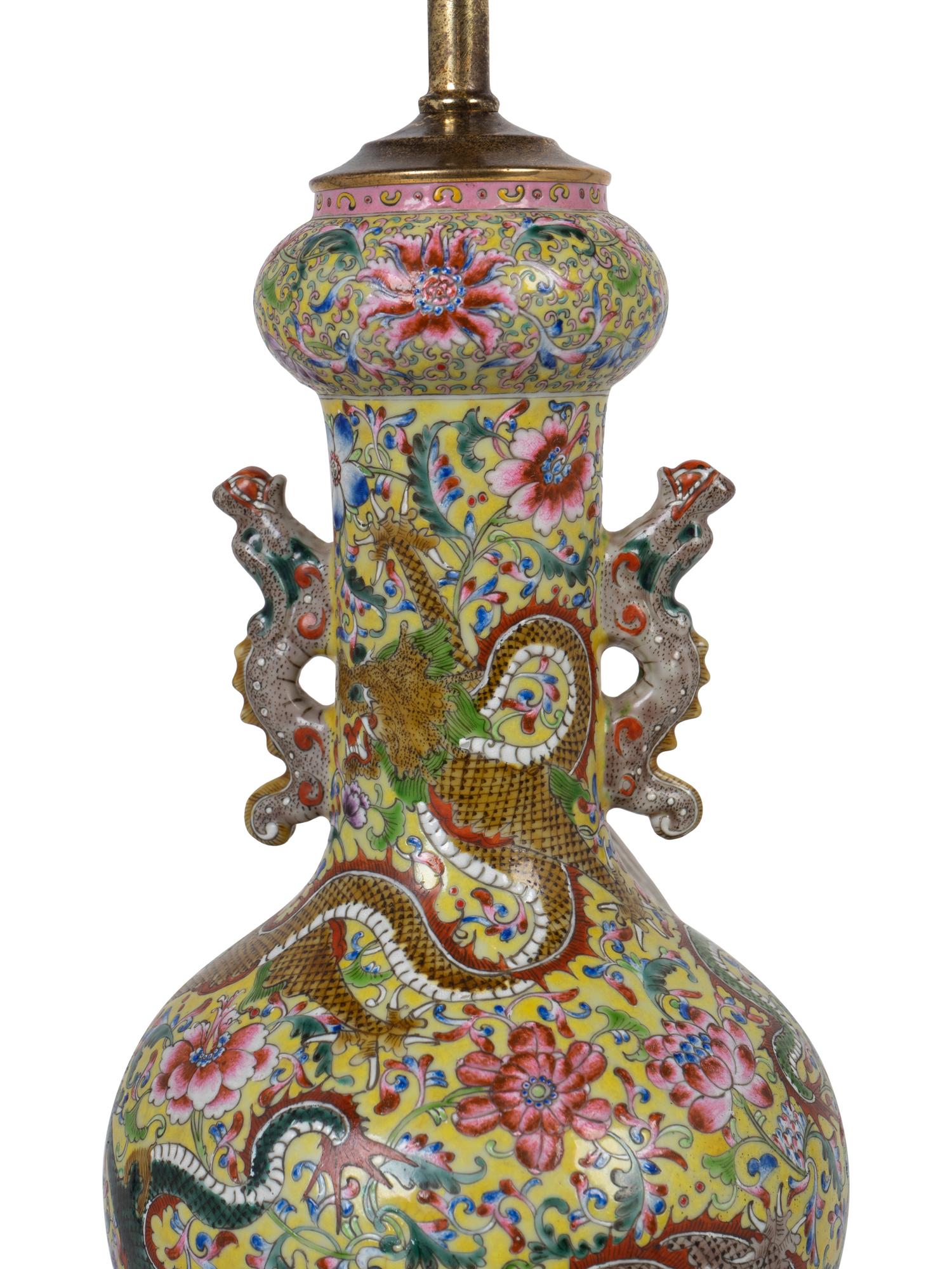 A Chinese Export Famille Jaune Porcelain Dragon Vase Mounted as a Lamp — 19TH/20TH CENTURY